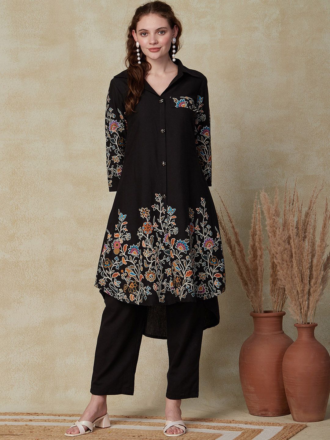 FASHOR Black Floral Embroidered Regular A-Line Kurta with Trousers Price in India