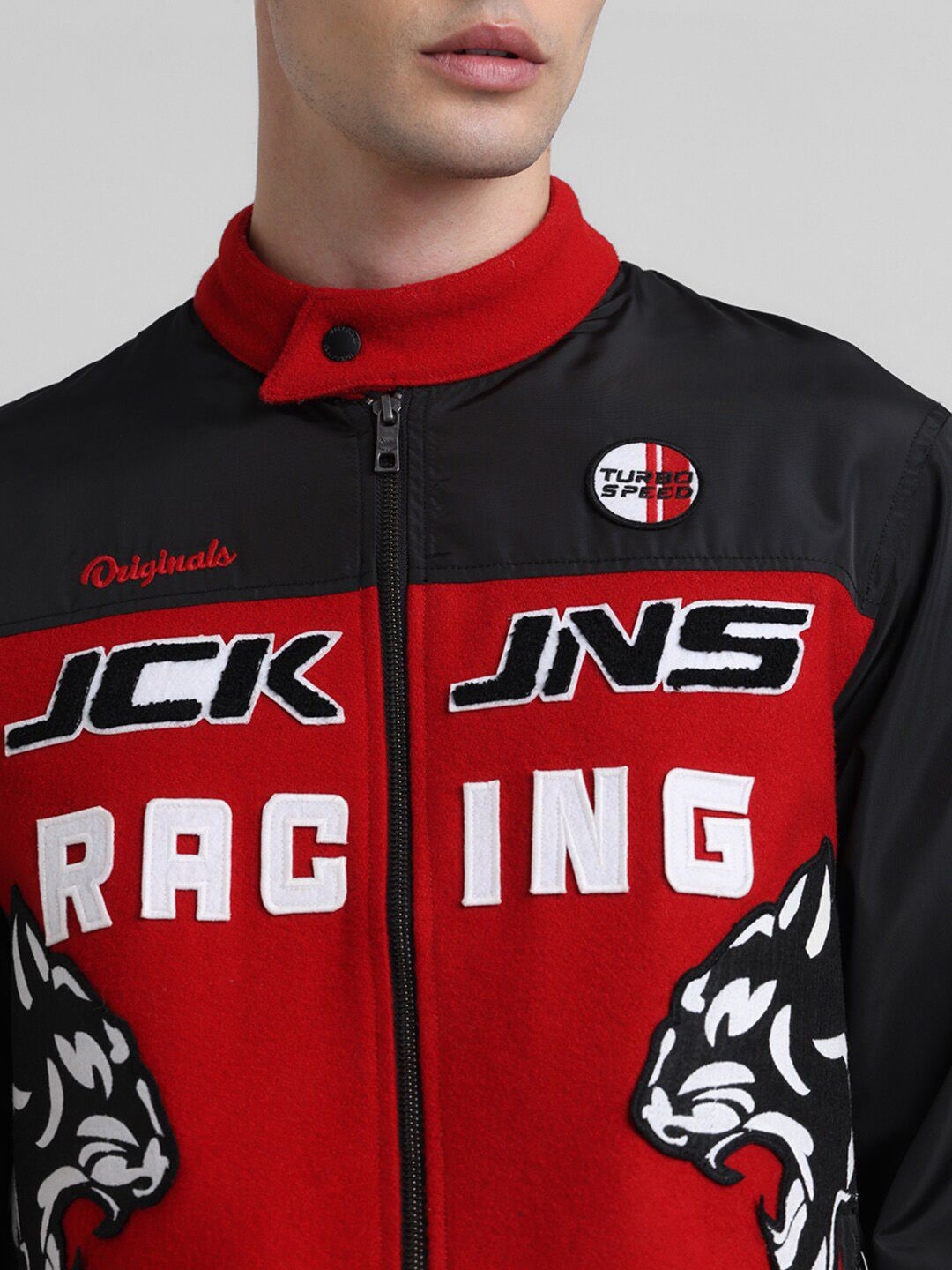 Buy Jack & Jones Graphic Printed Mock Collar Biker Jacket