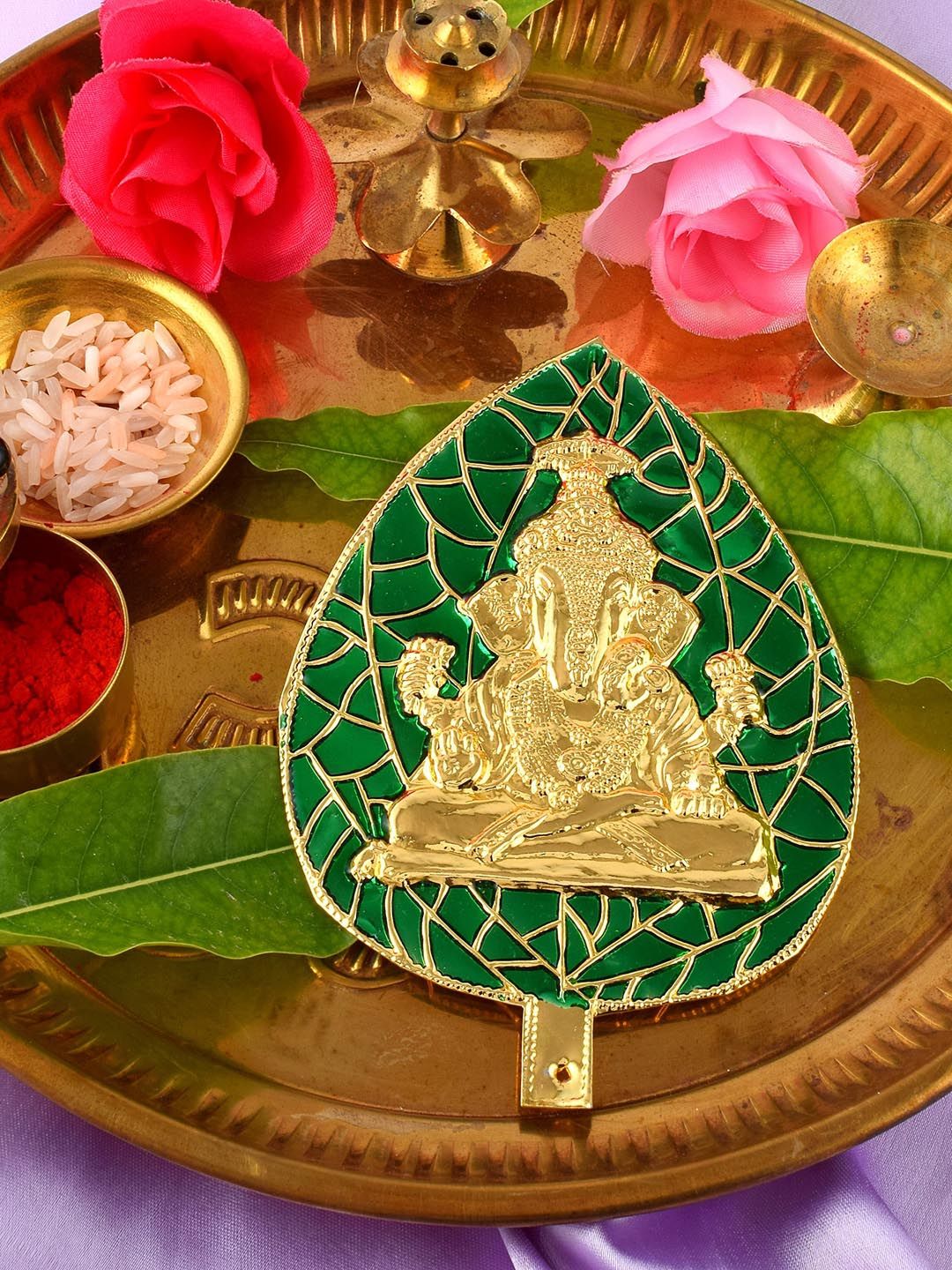 MEMOIR Meenakari Ganesha Spiritual Leaf Green Brass Metallic Prayer Room Medium Showpiece - 5 Inches