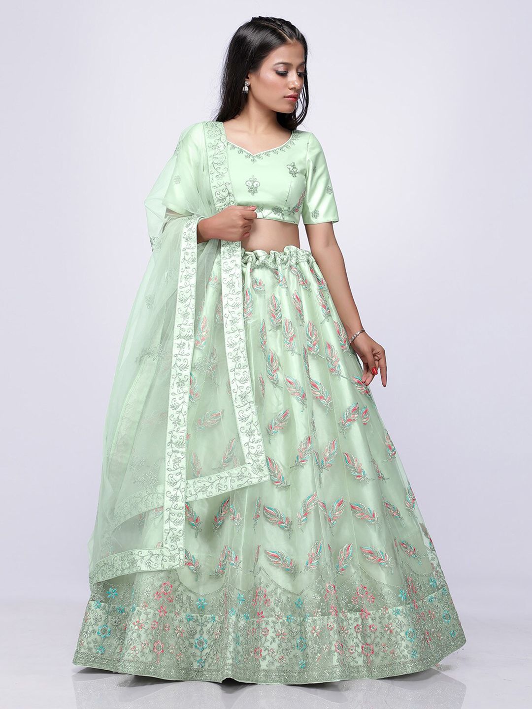 HALFSAREE STUDIO Green & Embroidered Semi-Stitched Lehenga & Unstitched Blouse With Dupatta Price in India