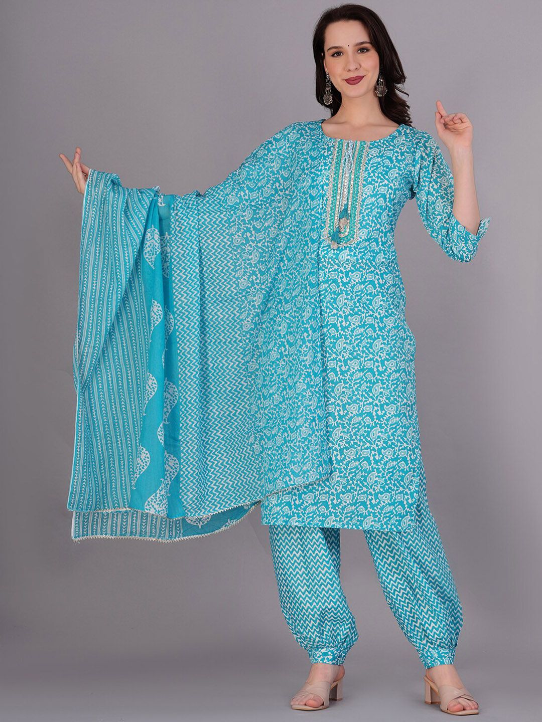 HIGHLIGHT FASHION EXPORT Women Blue Mirror Work Pure Cotton Kurta with Trousers & With Dupatta