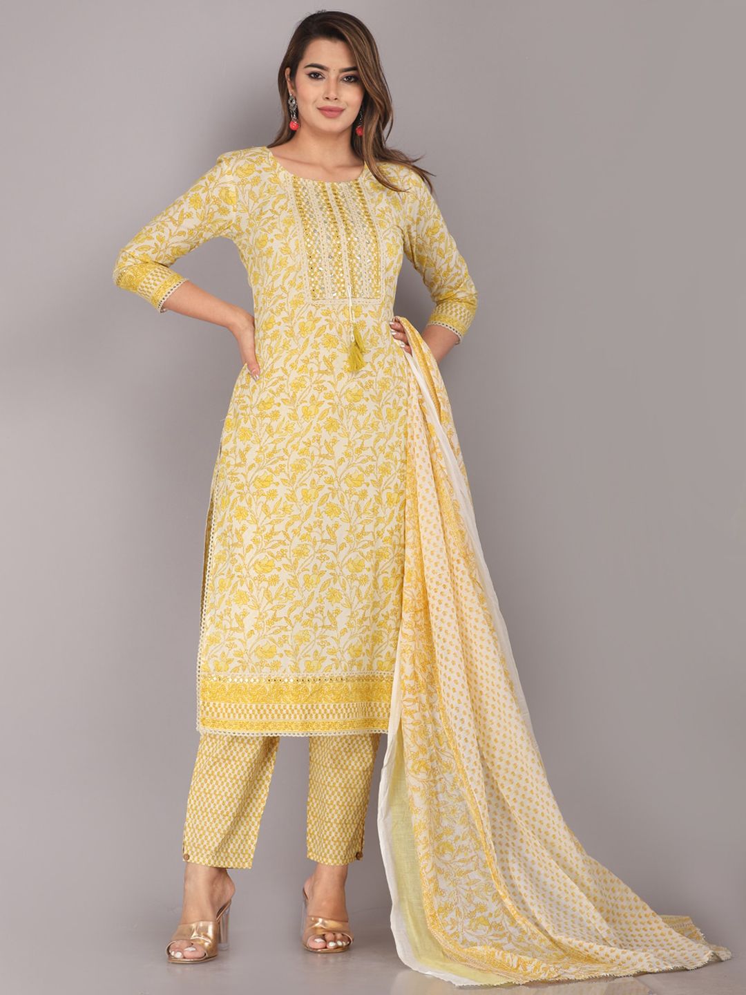 HIGHLIGHT FASHION EXPORT Women Yellow Pure Cotton Kurta with Trousers & With Dupatta Price in India