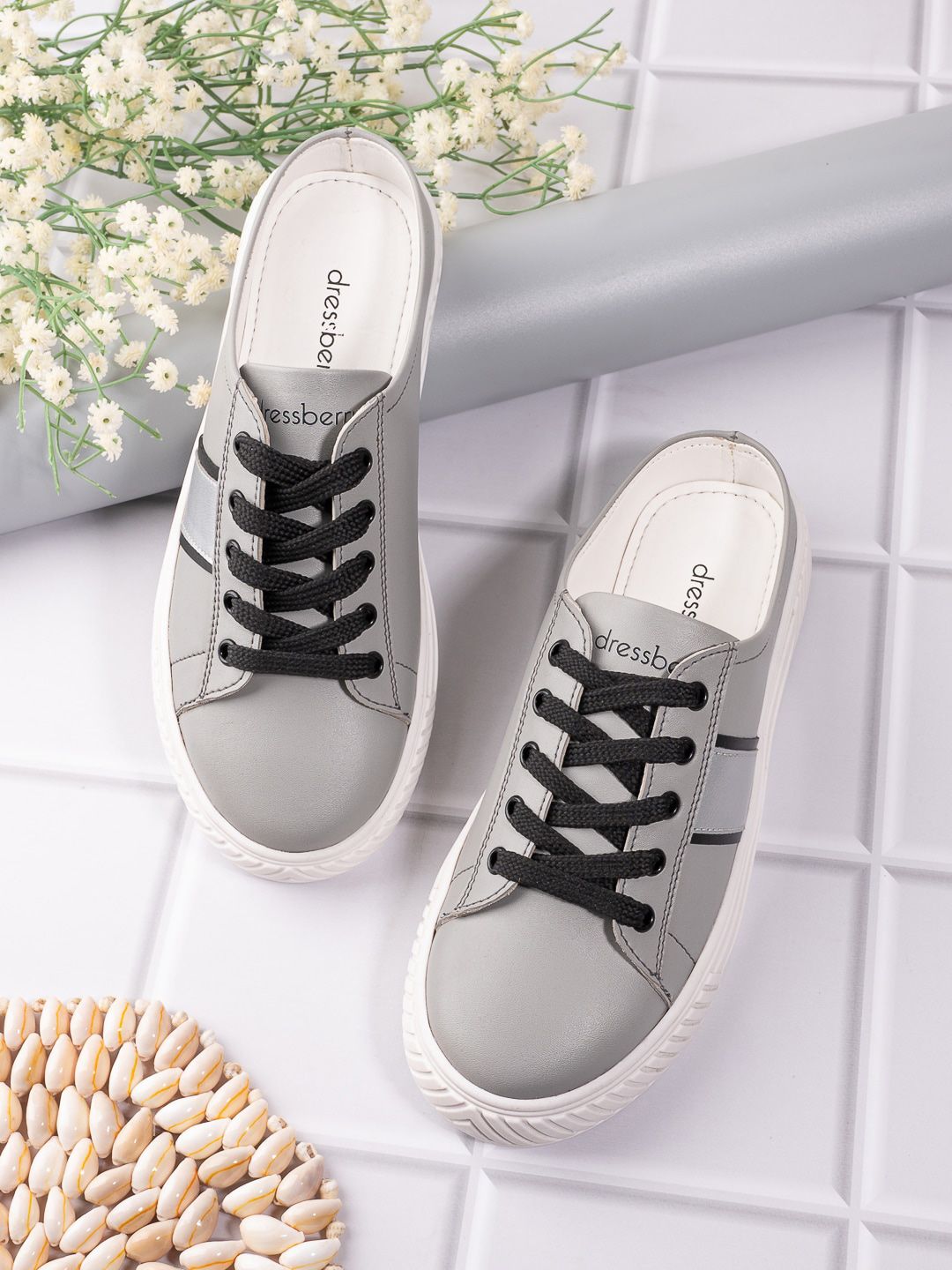 DressBerry Women Grey & White Comfort Insole Mule Sneakers