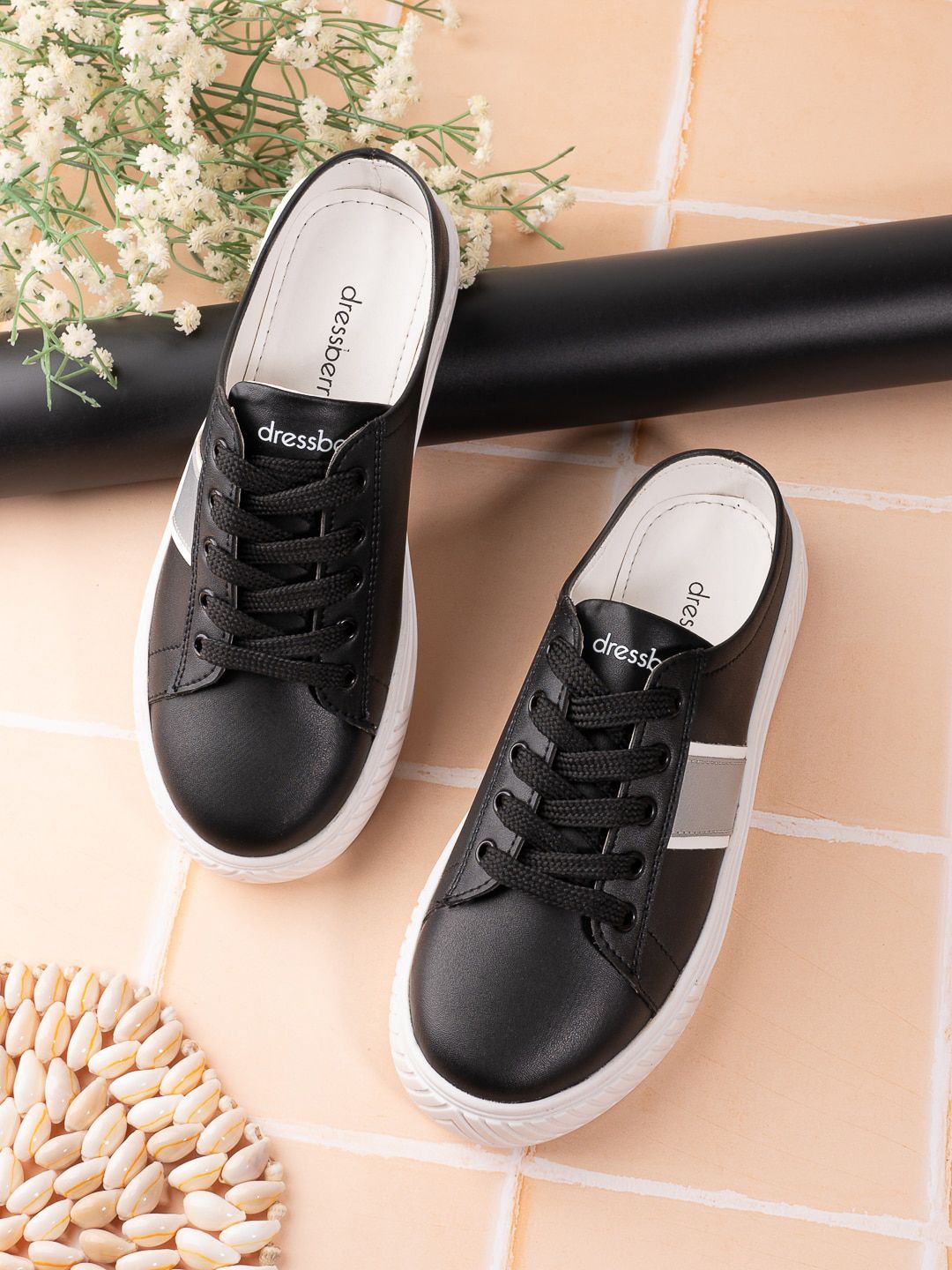 DressBerry Women Black & White Comfort Insole Mule Sneakers