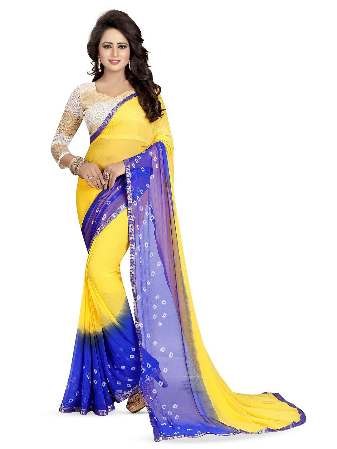 BAESD Yellow & Blue Bandhani Pure Chiffon Bandhani Saree Price in India
