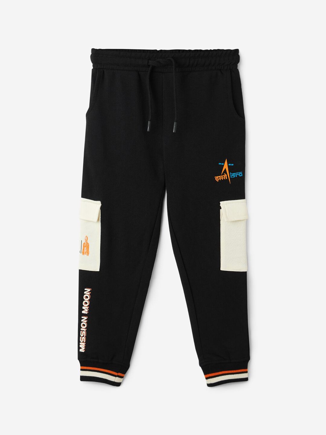 The Souled Store Boys Regular Fit ISRO Printed Black Cargo Joggers