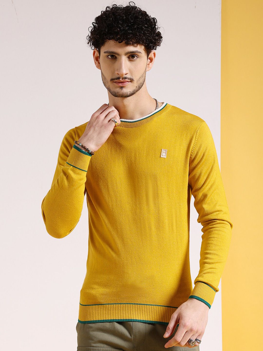 The Indian Garage Co Mustard Yellow Round Neck Acrylic Pullover