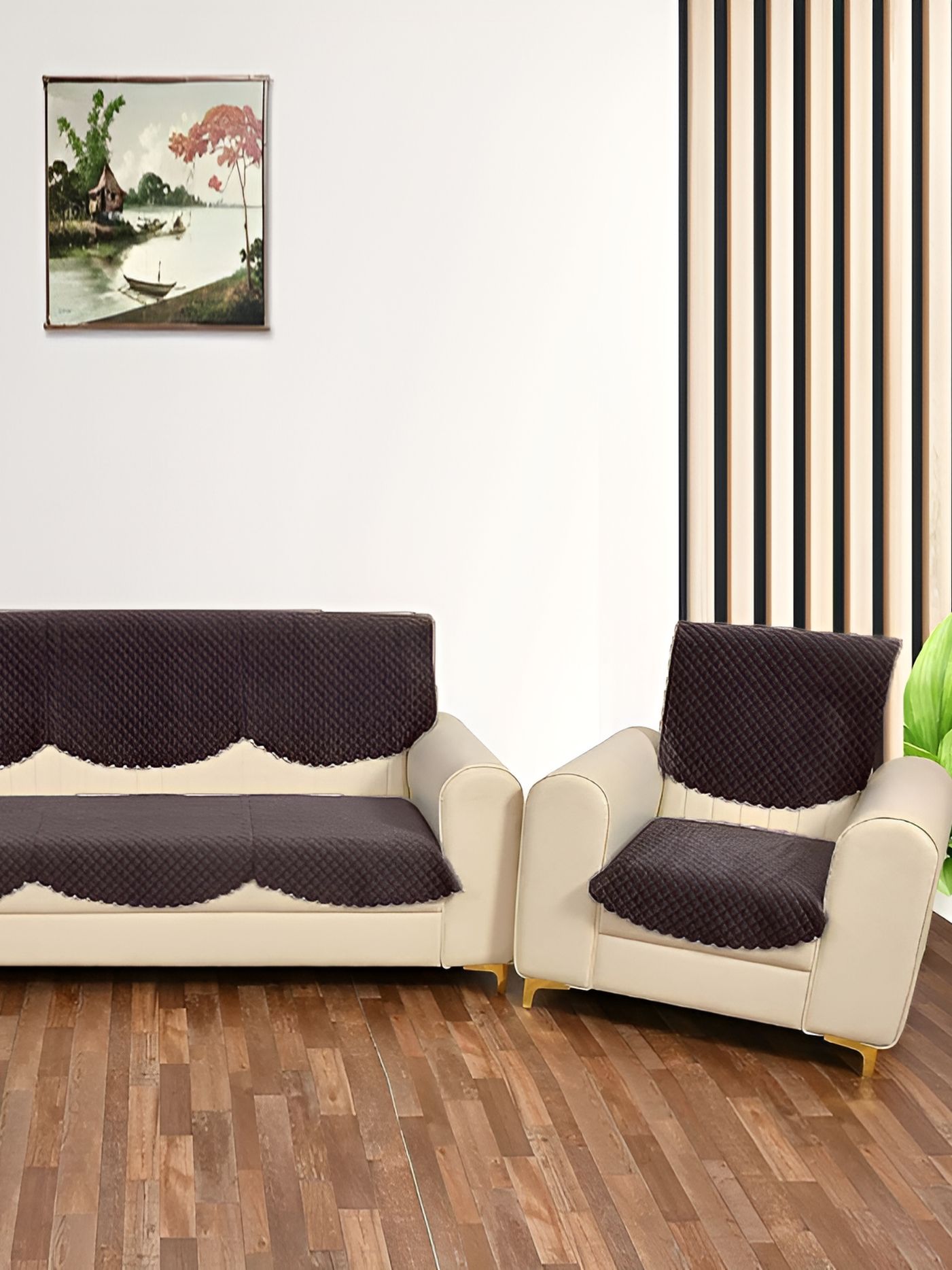 Sparrow world Geometric Velvet Quilted 10PC Straight 5 Seater Sofa Cover-69x27In