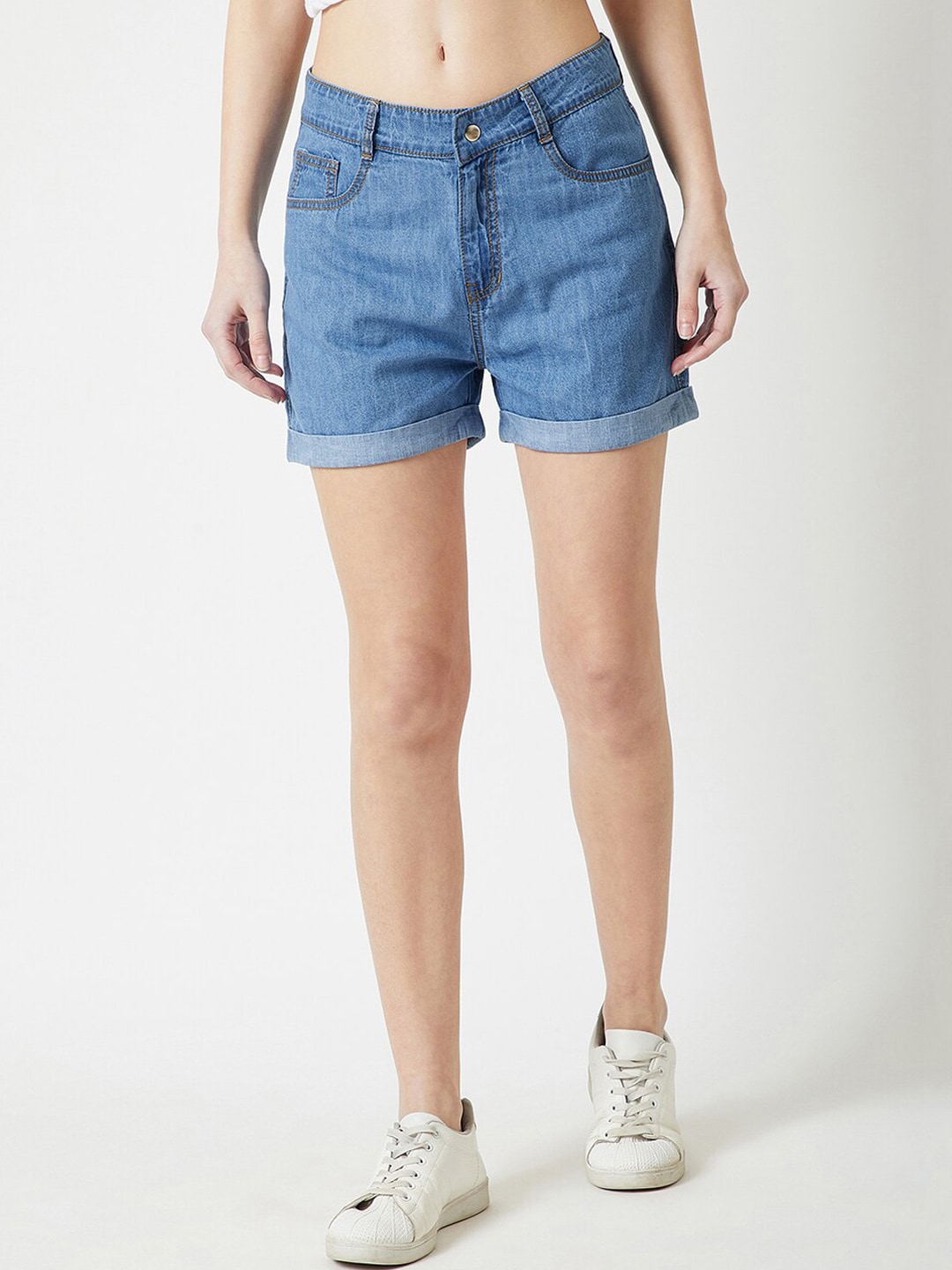 DressBerry Women Blue Washed Mid-Rise Denim Shorts Price in India