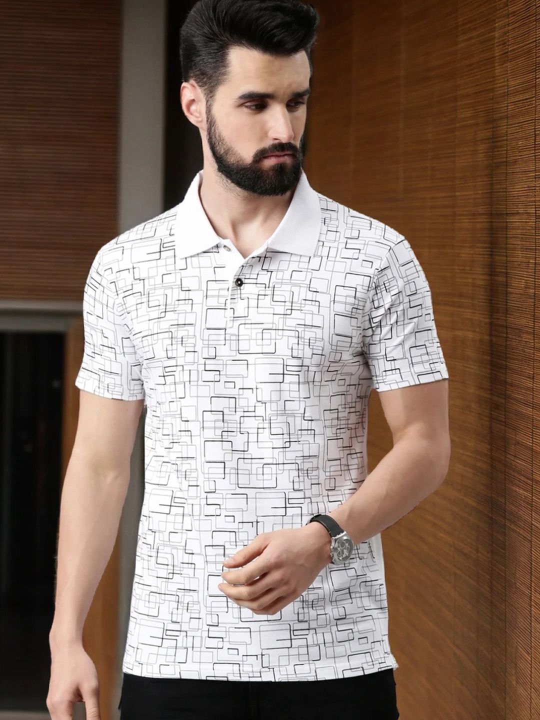 Kryptic Geometric Printed Polo Collar Pure Cotton T-shirt