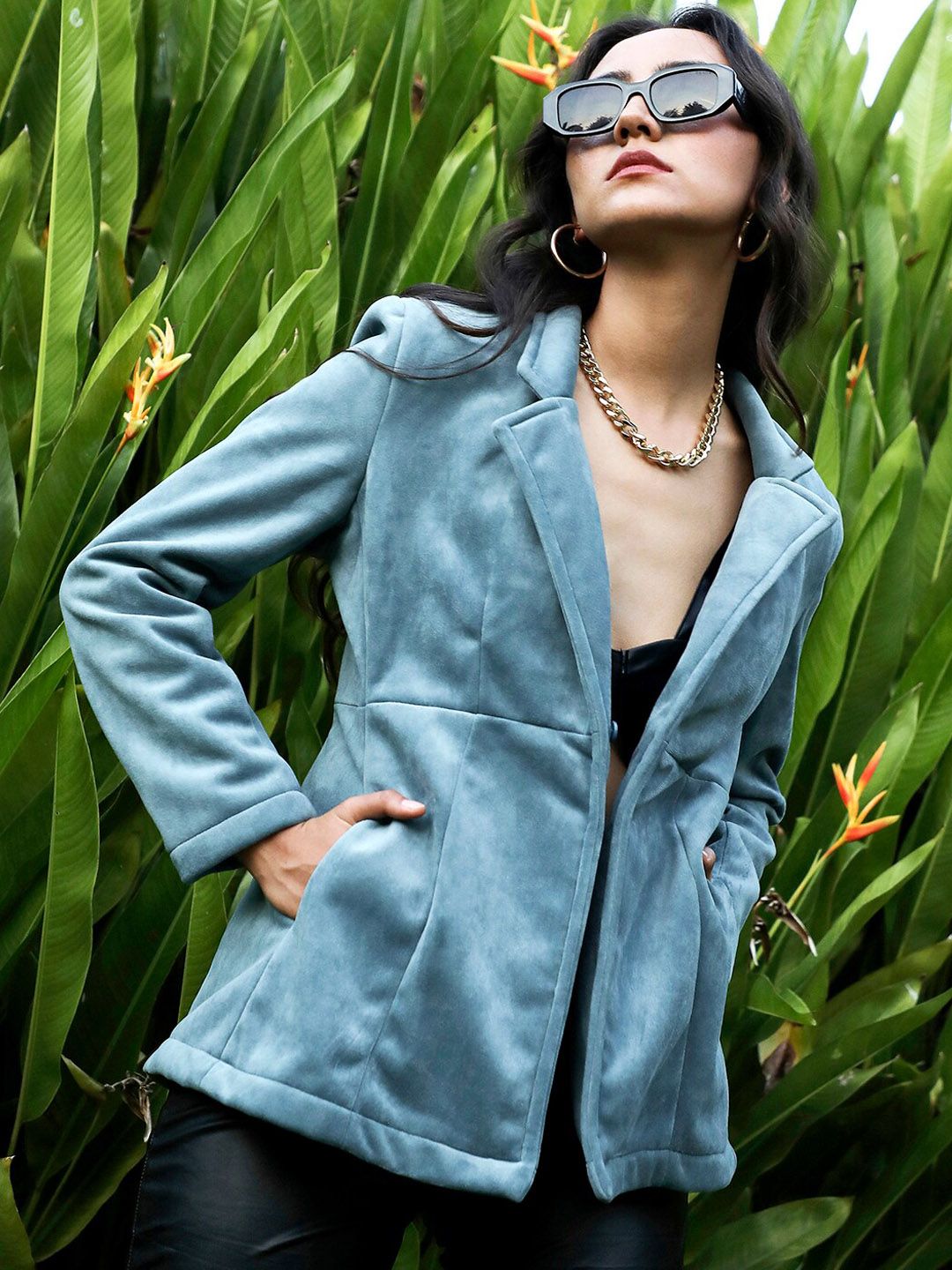 PINACOLADA Blue Notched Lapel Long Sleeves Open Front Blazer