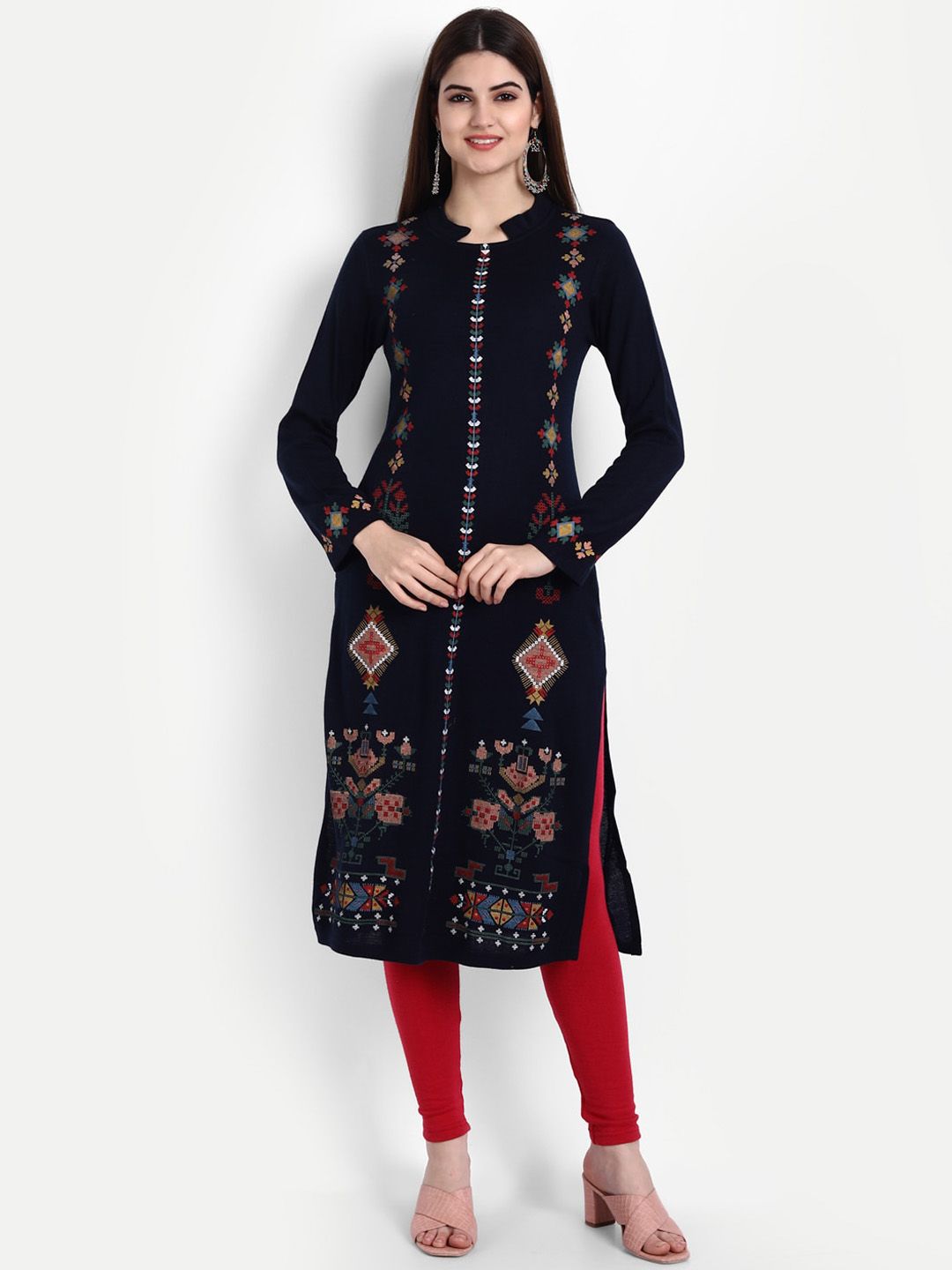 SUTI Geometric Woven Design Mandarin Collar Woollen Kurta