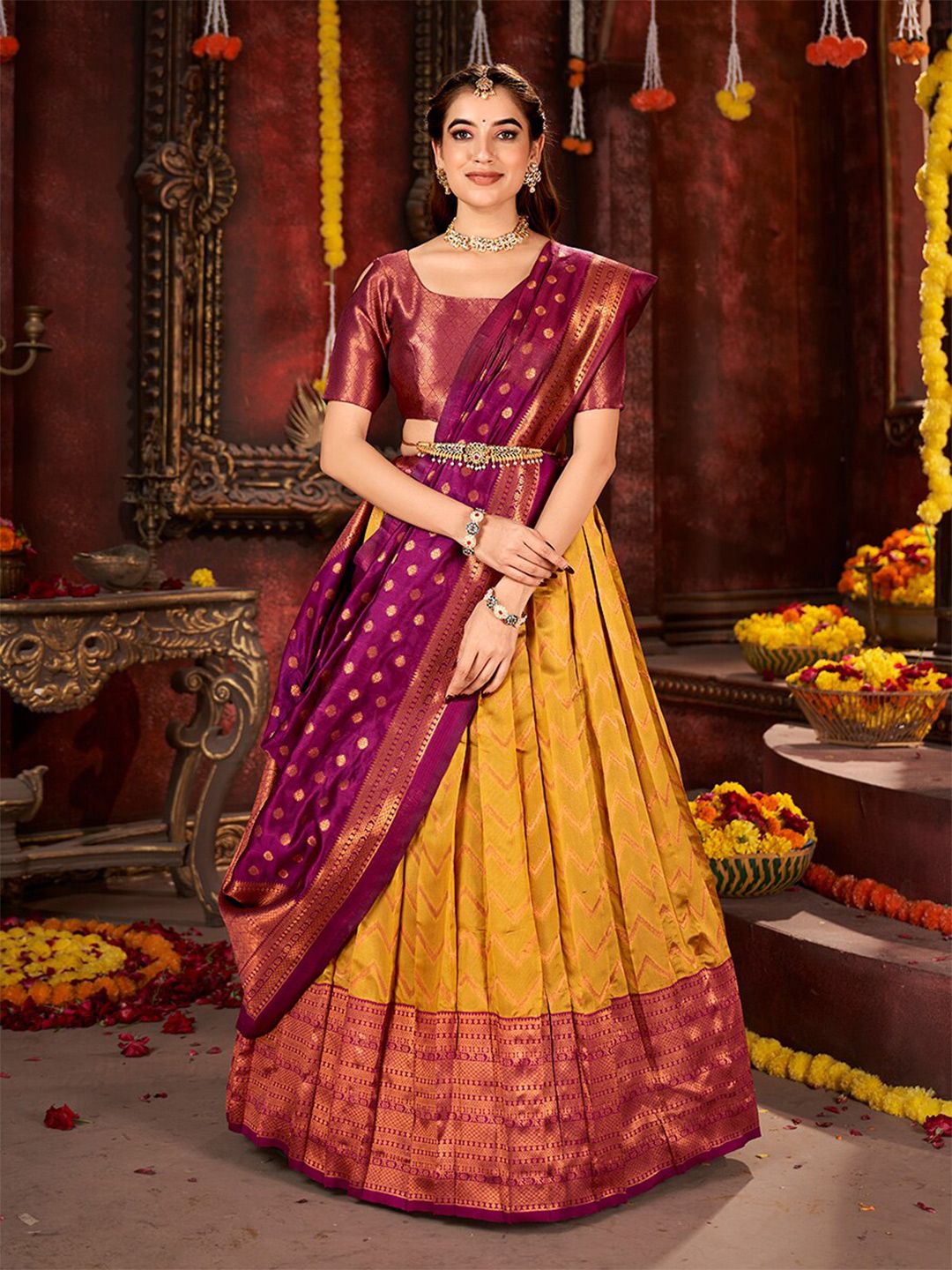 SHOPGARB Woven Design Banarasi Silk Semi-Stitched Lehenga Unstitched Blouse With Dupatta
