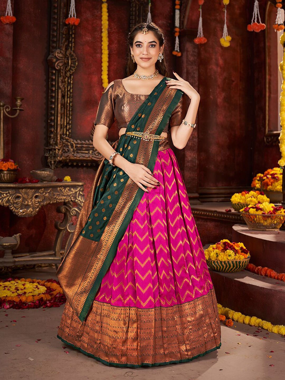 SHOPGARB Pink Semi-Stitched Lehenga & Unstitched Blouse With Dupatta Price in India