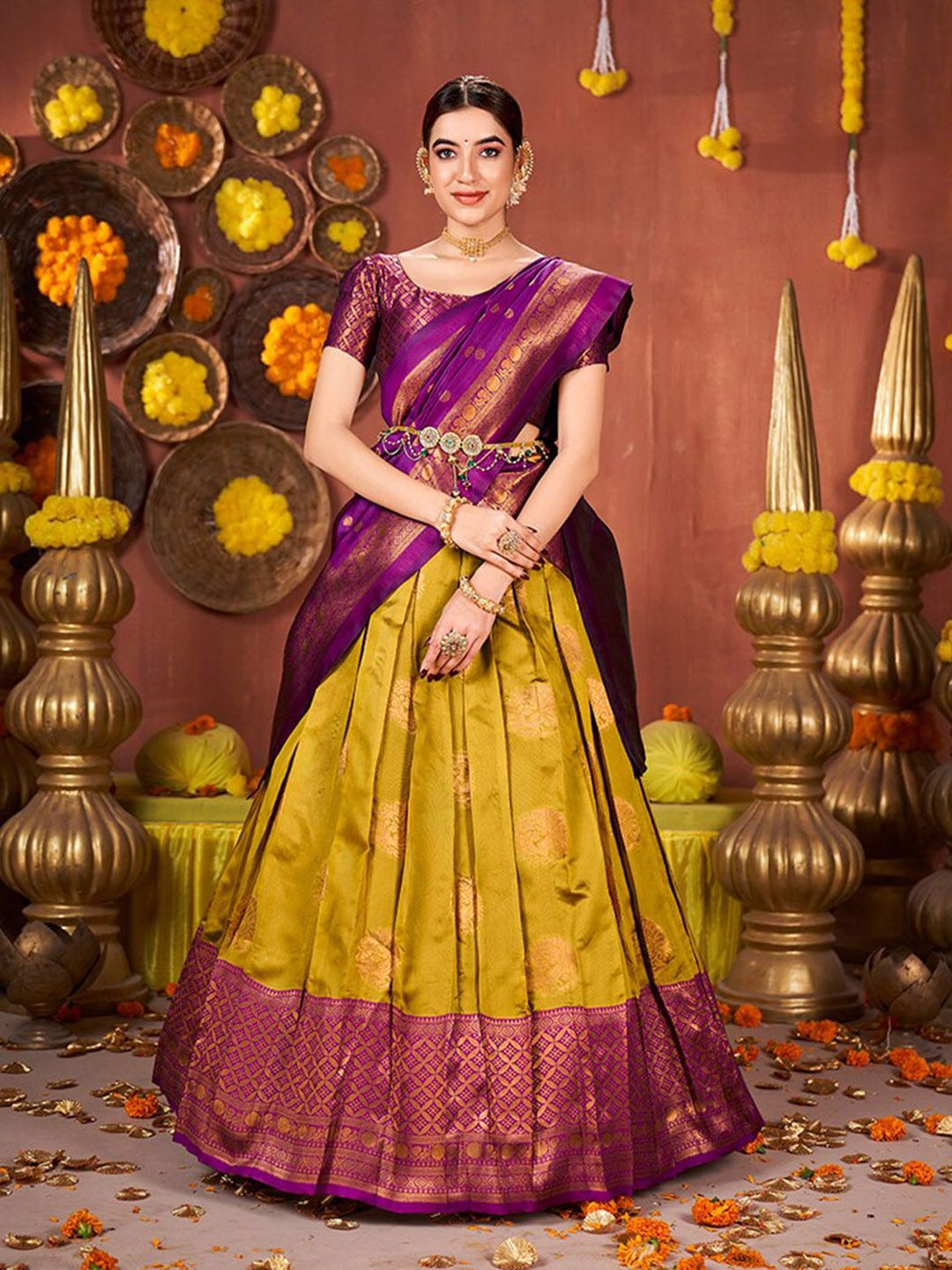 SHOPGARB Woven Design Semi-Stitched Lehenga & Unstitched Blouse With Dupatta