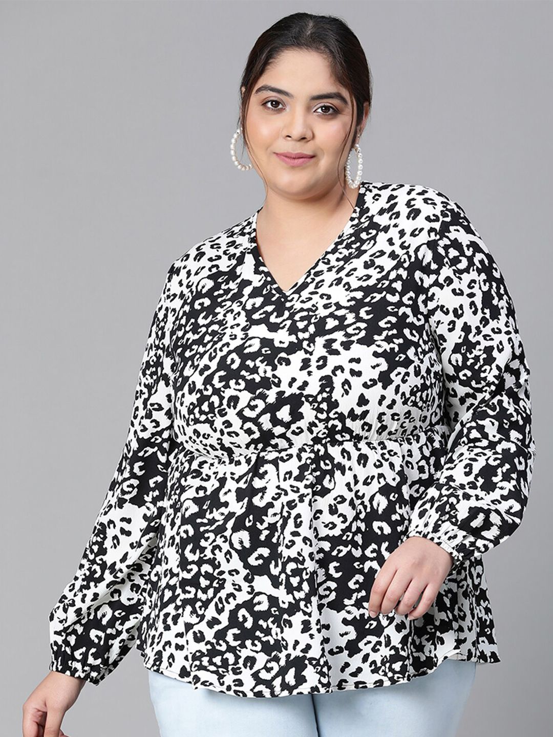 Oxolloxo Plus Size Animal Printed V-Neck Long Sleeves Gathered Regular Top Price in India
