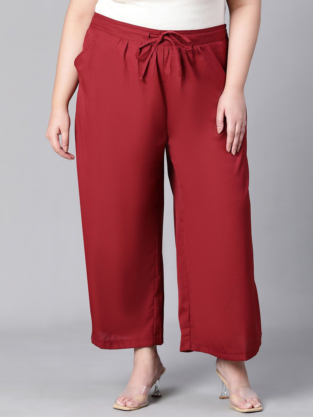 Oxolloxo Women Maroon Relaxed Loose Fit Easy Wash Pleated Trousers Price in India