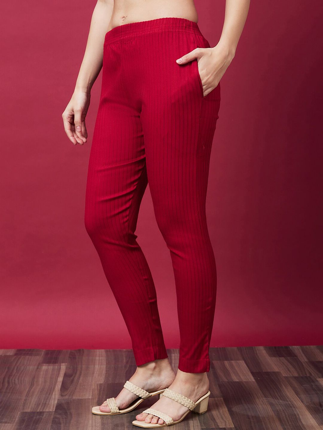 Globus Women Maroon Striped Trousers Price in India