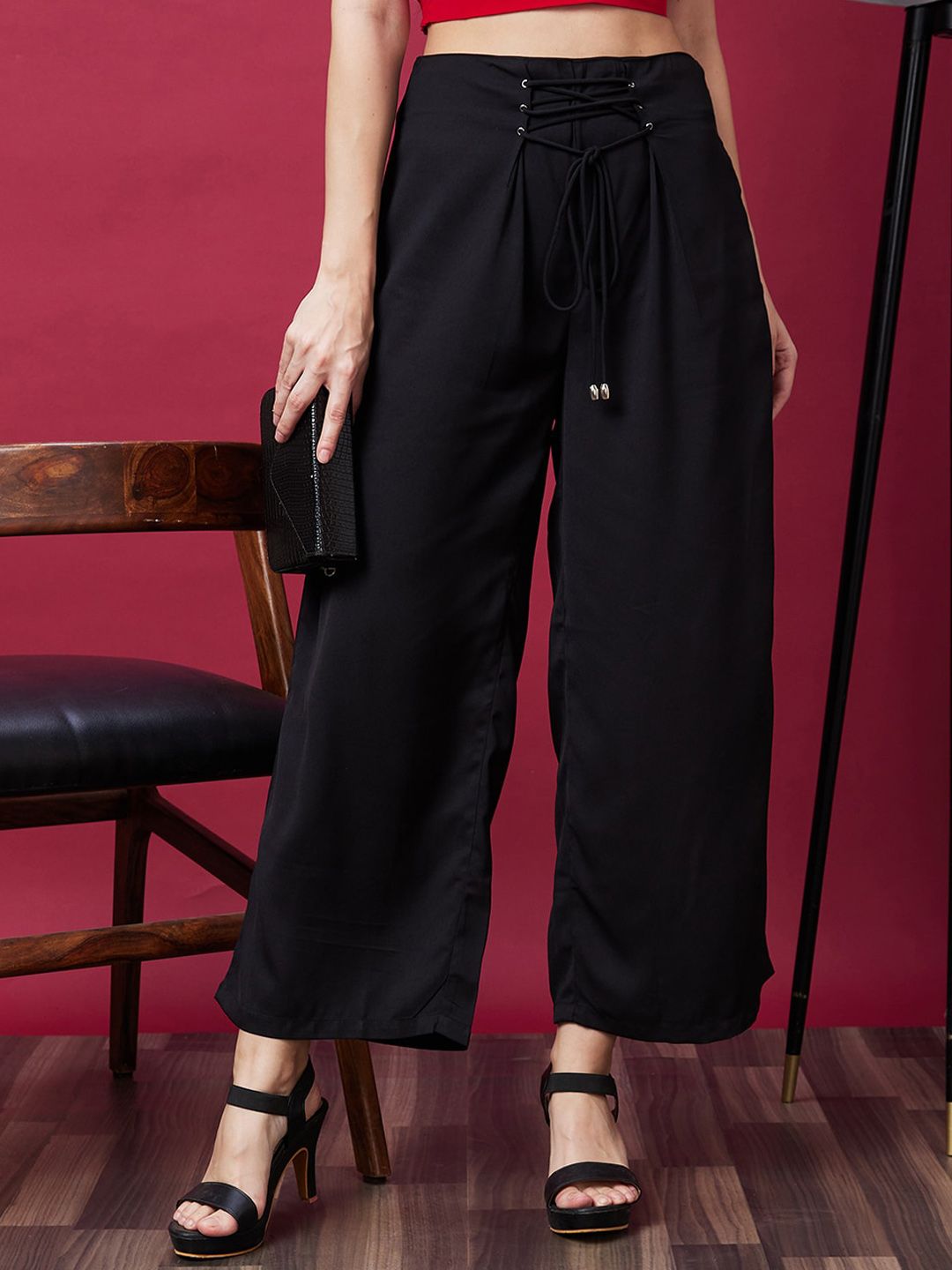 Globus Women Black Loose Fit High-Rise Trousers Price in India