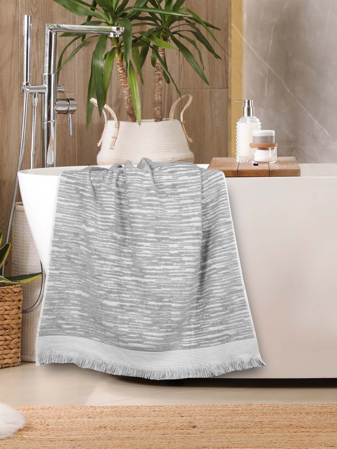 MYTRIDENT Grey & White Striped Printed Cotton 500 GSM Bath Towel