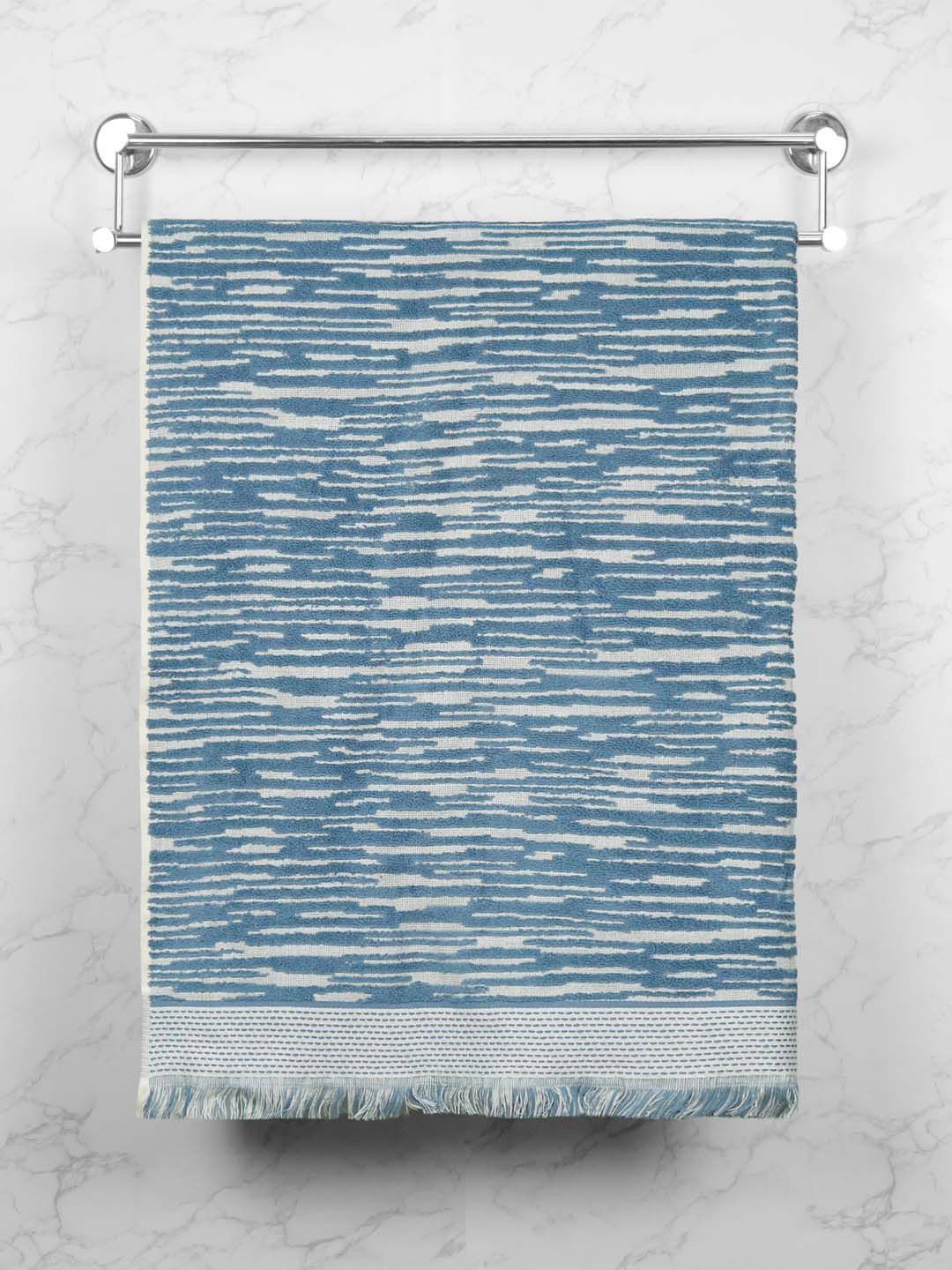 MYTRIDENT Blue & White Striped Printed Cotton 500 GSM Bath Towel