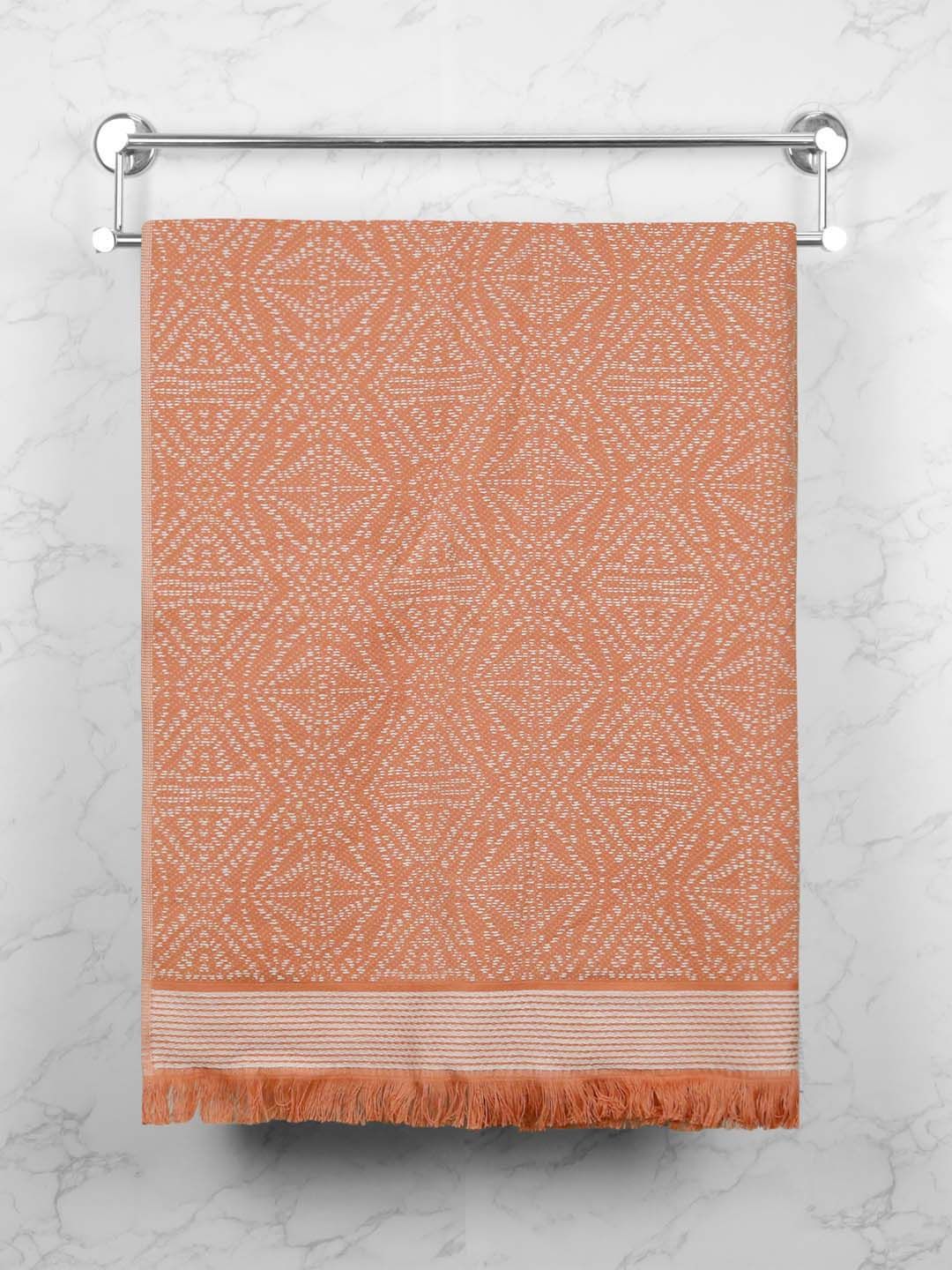MYTRIDENT Orange-Coloured & White Ethnic Motifs Printed Cotton 500 GSM Bath Towel