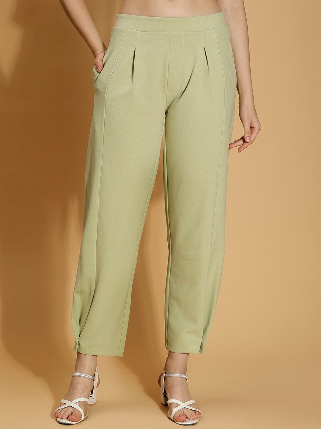 DressBerry Women Lime Green Mid Rise Pleated Trousers Price in India