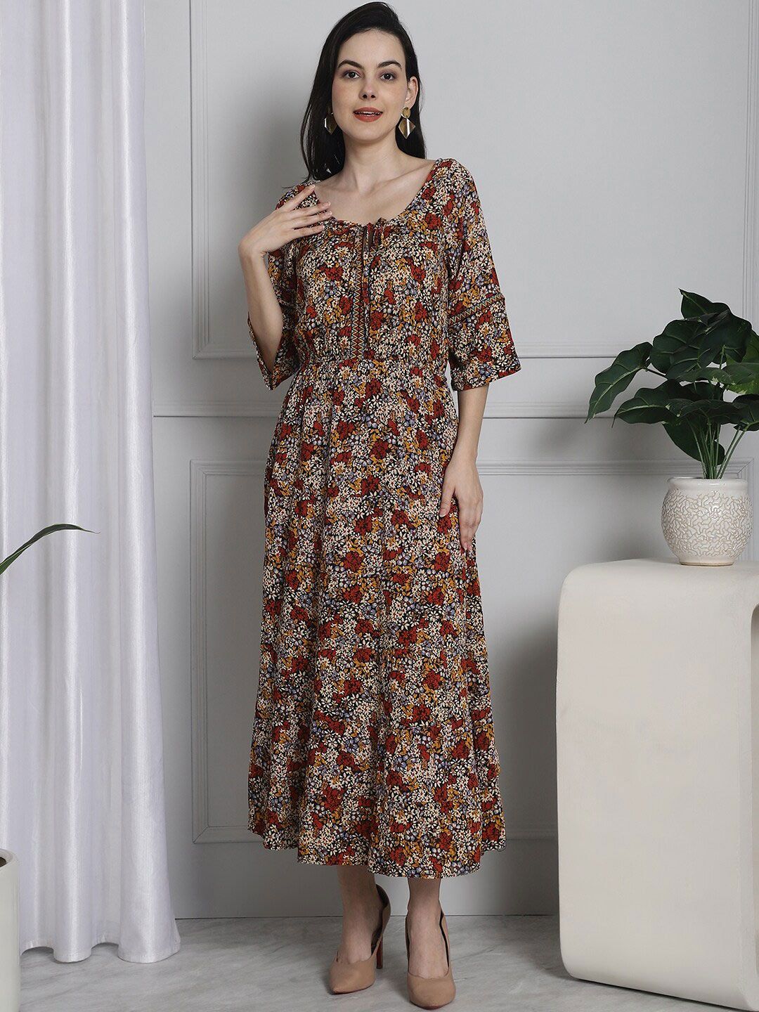 NoBarr Floral Printed Tie-Up Neck Smocked Cotton A-Line Midi Dress