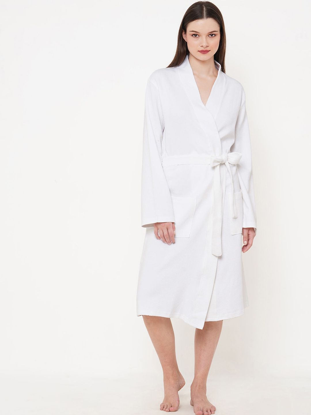 Inner Sense Women White Cotton Bath Robe with a fabric belt