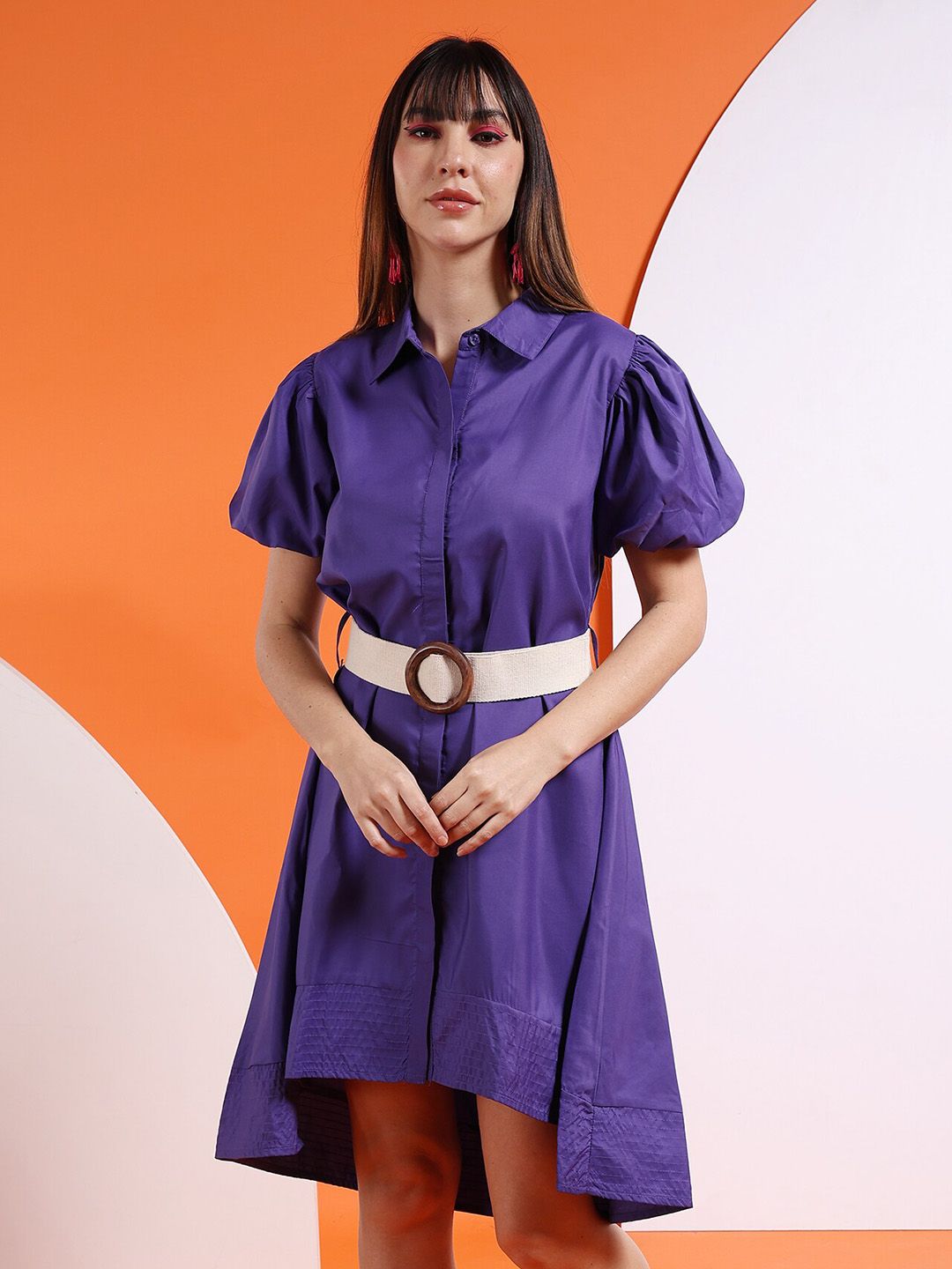 Freehand Purple Belt Detailed Shirt Collar Puff Sleeve A-Line Dress Price in India