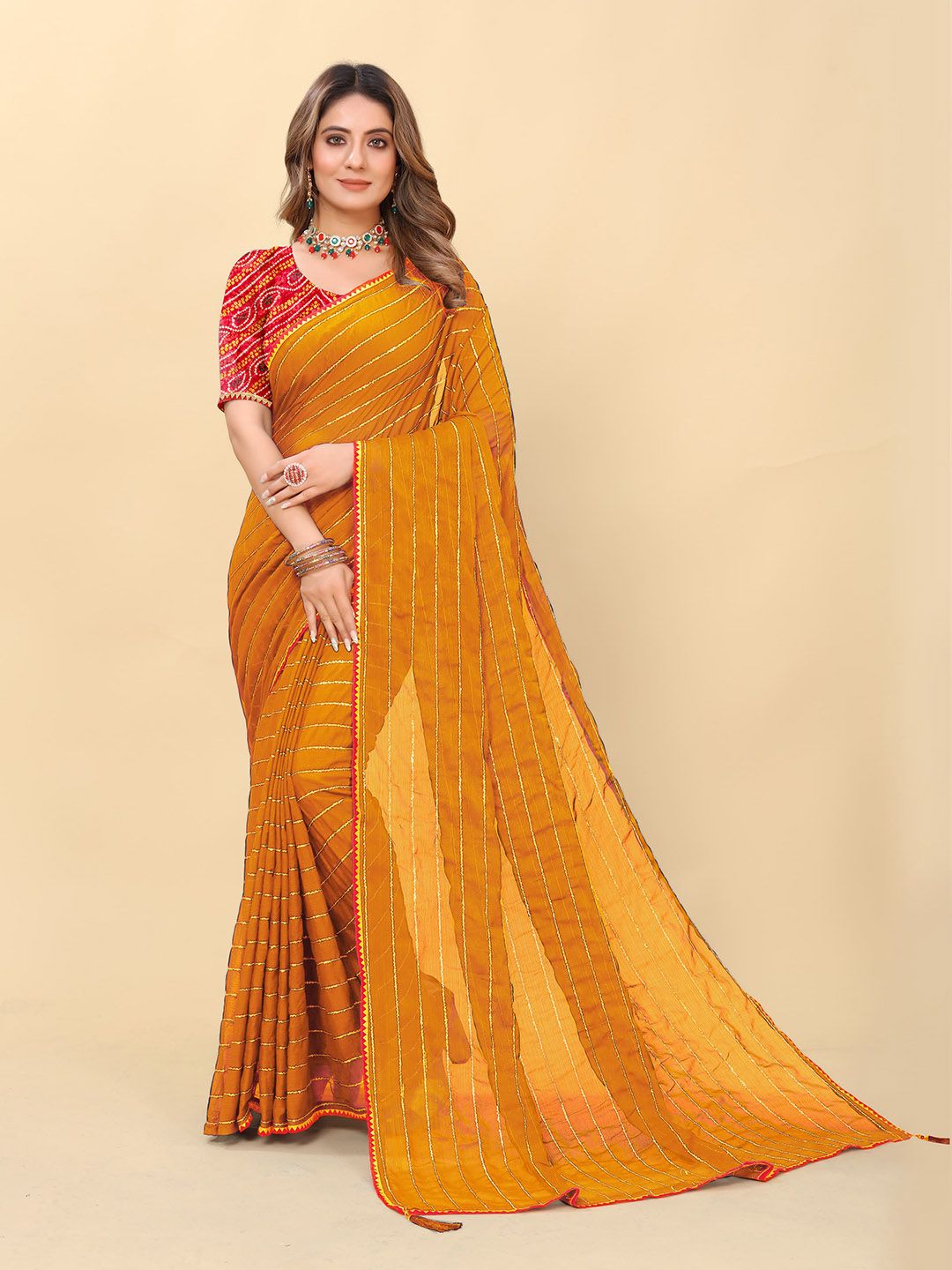 ZELZIS Yellow Poly Georgette Saree
