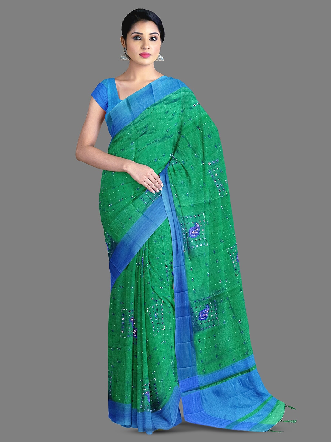 The Chennai Silks Green Floral Sequinned Silk Blend Fusion Saree Price in India