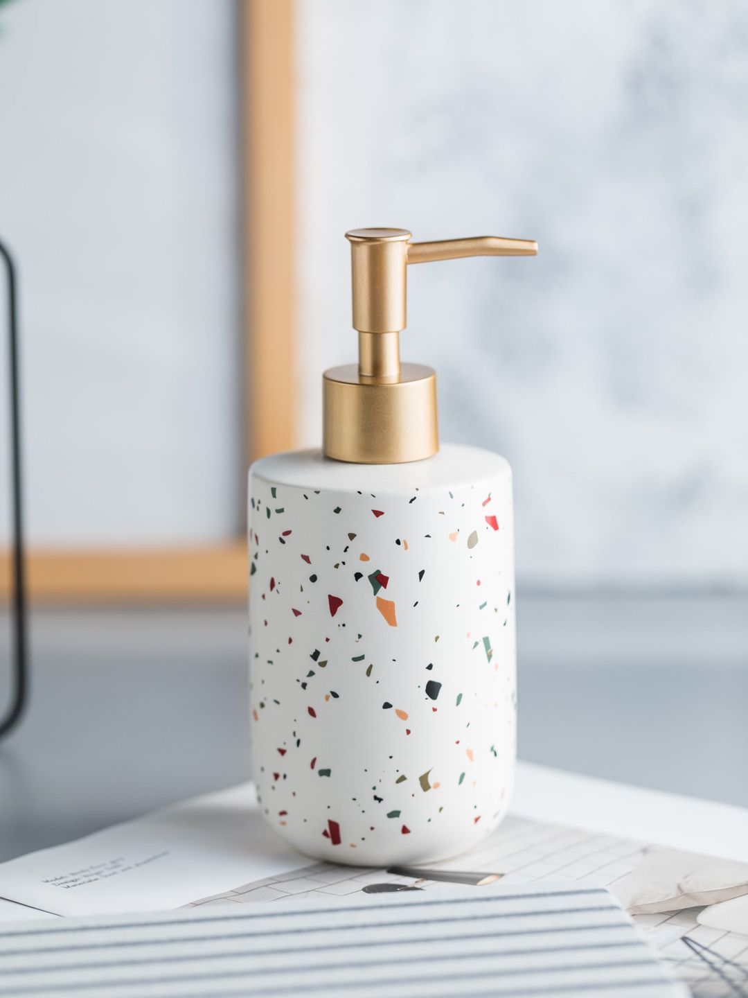 FabSeasons White & Gold Toned Ceramic Cylindrical Tabletop Soap Dispenser 370 ml