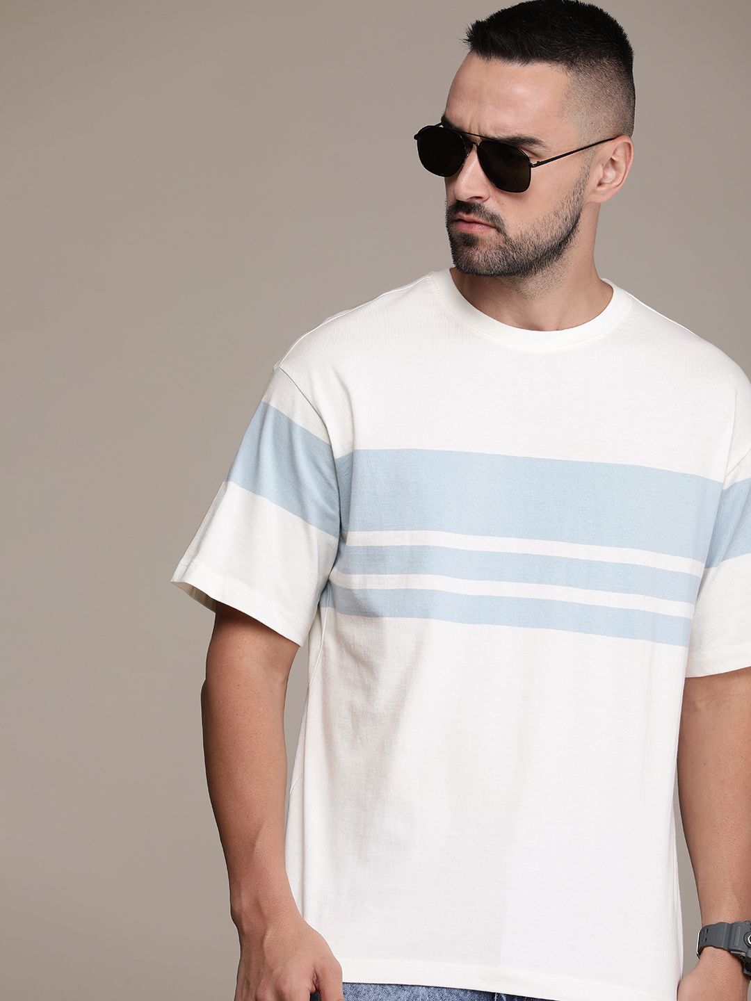 The Roadster Life Co. Striped Drop-Shoulder Sleeves Pure Cotton Oversized T-shirt
