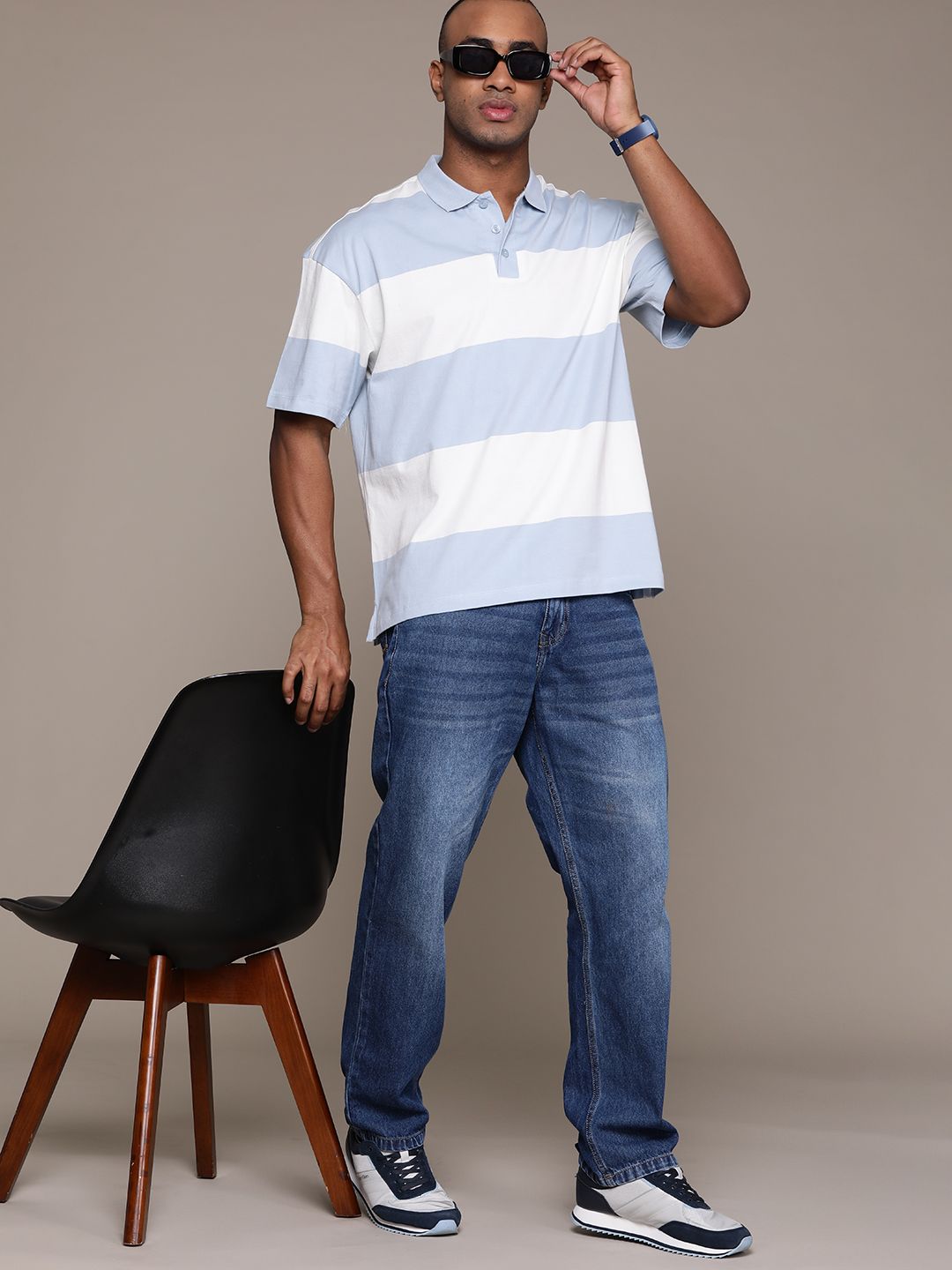 The Roadster Lifestyle Co. Men Striped Polo Collar Pure Cotton T-shirt