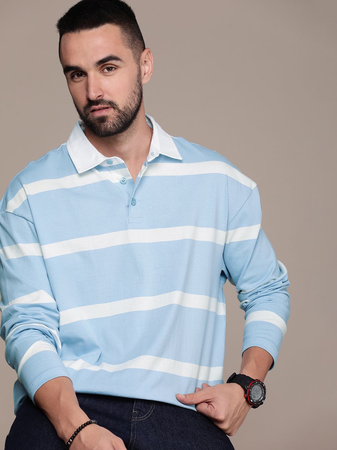 The Roadster Lifestyle Co. Men Striped Polo Collar Pure Cotton T-shirt