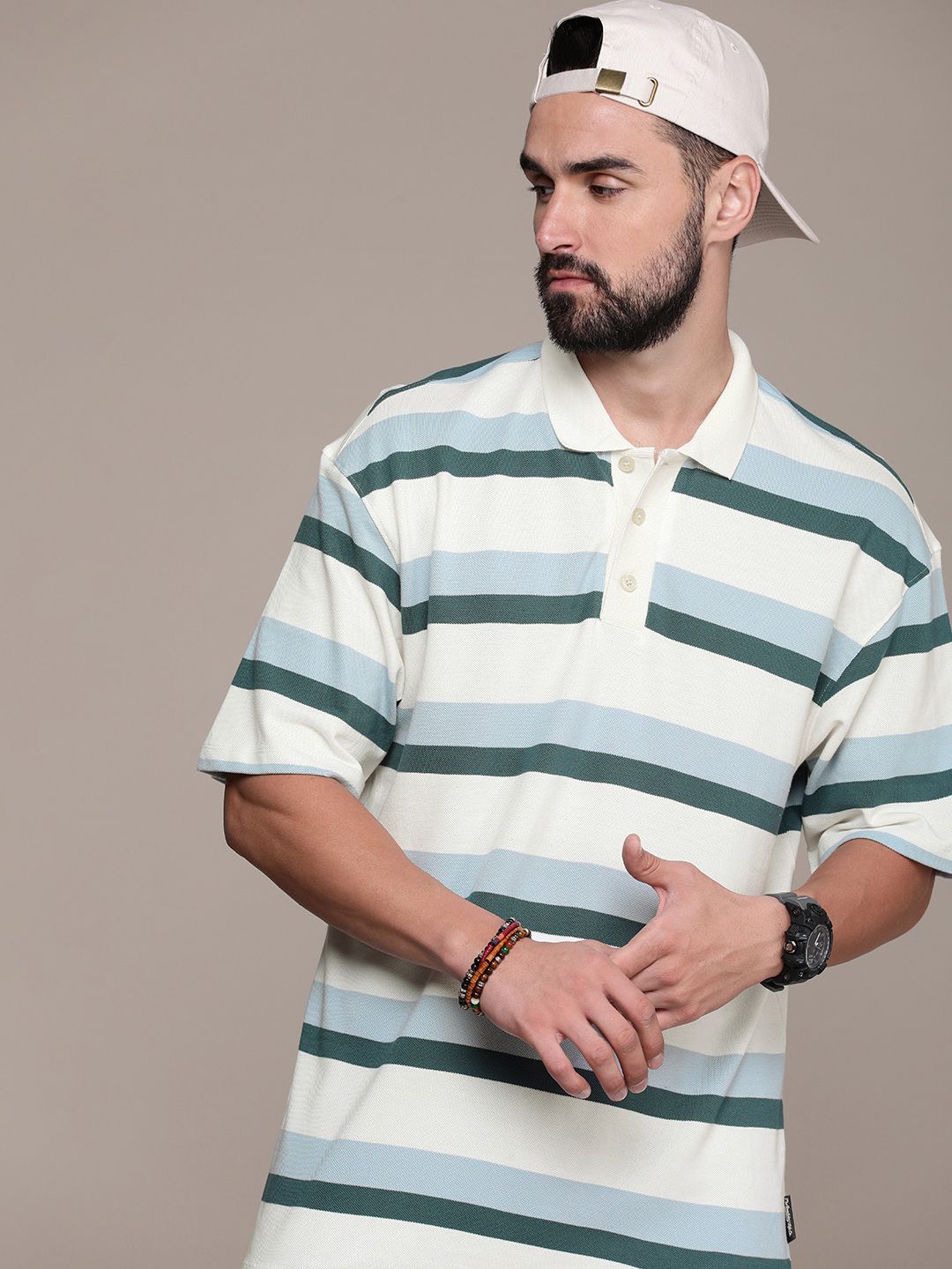 The Roadster Life Co. Striped Polo Collar Drop-Shoulder Sleeves Pure Cotton T-shirt