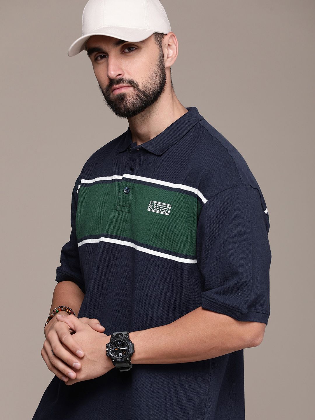 The Roadster Life Co. Colourblocked Polo Collar Drop-Shoulder Sleeves Pure Cotton T-shirt
