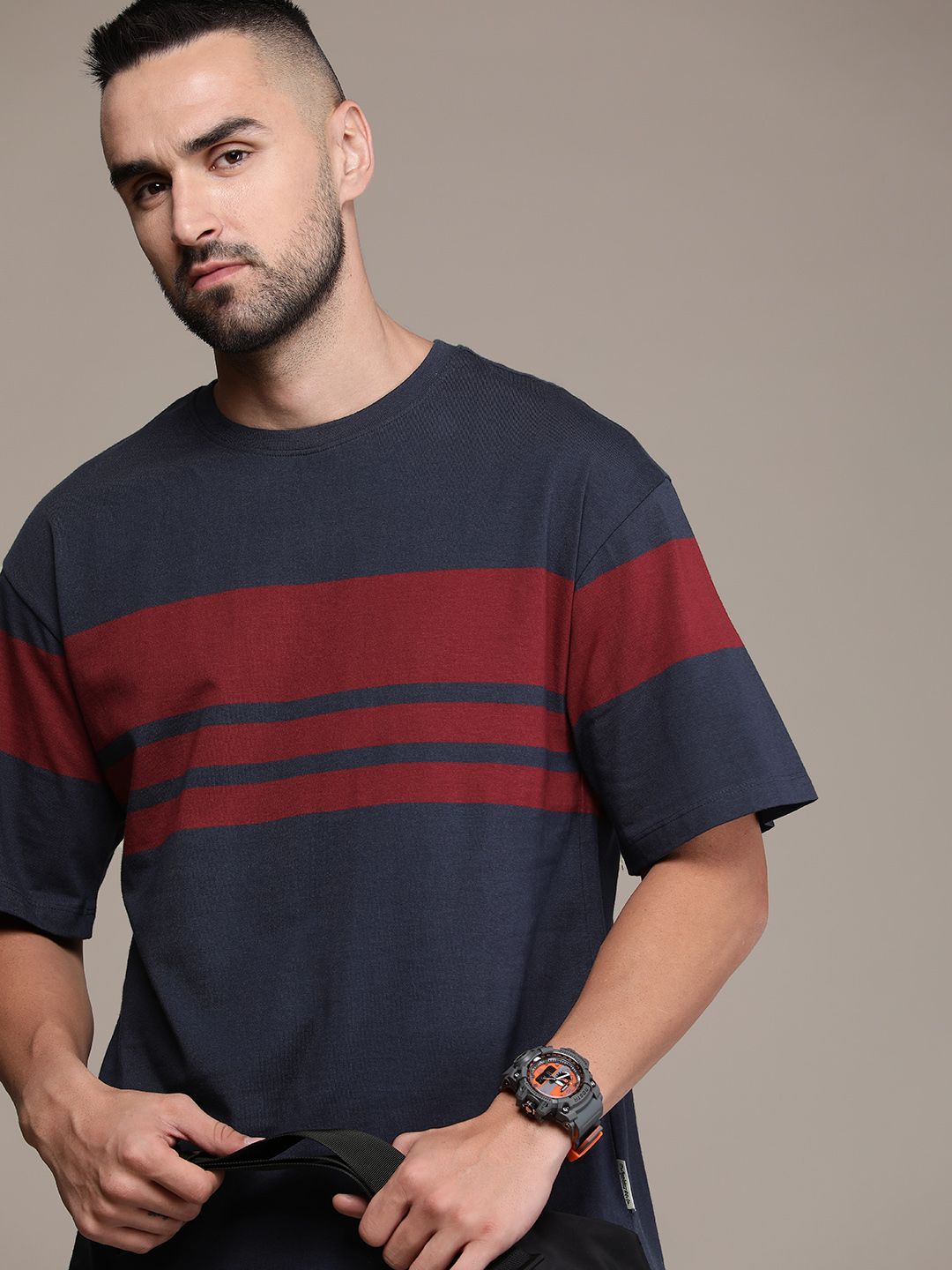 The Roadster Life Co. Striped Drop-Shoulder Sleeves Pure Cotton Oversized T-shirt