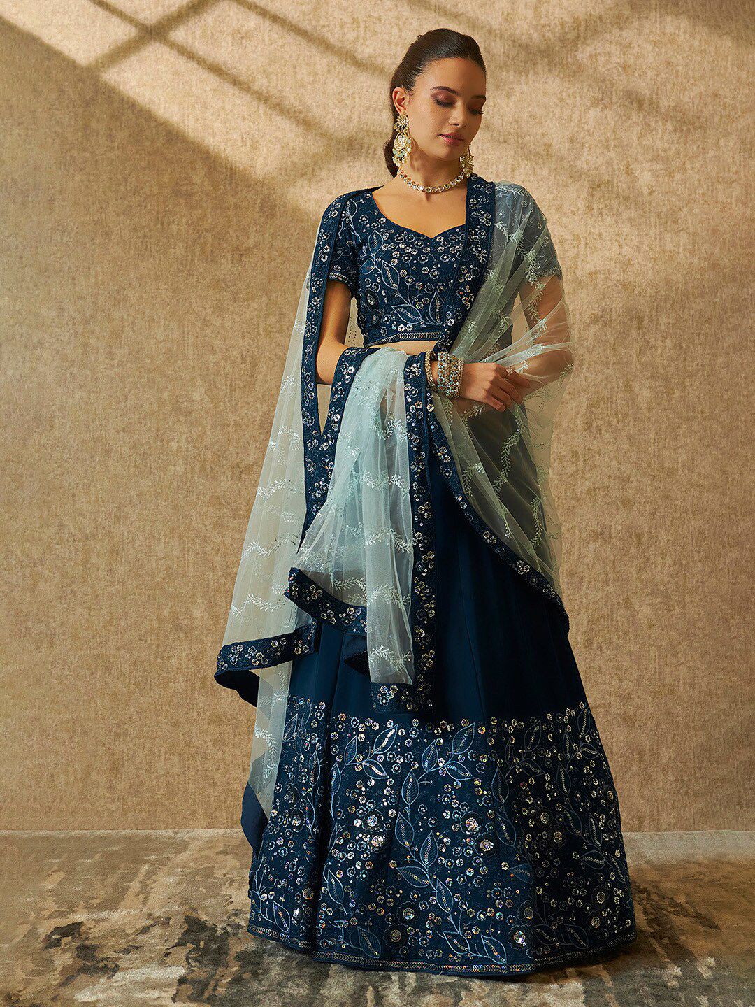Soch Blue Embellished Sequinned Unstitched Lehenga & Blouse With Dupatta Price in India
