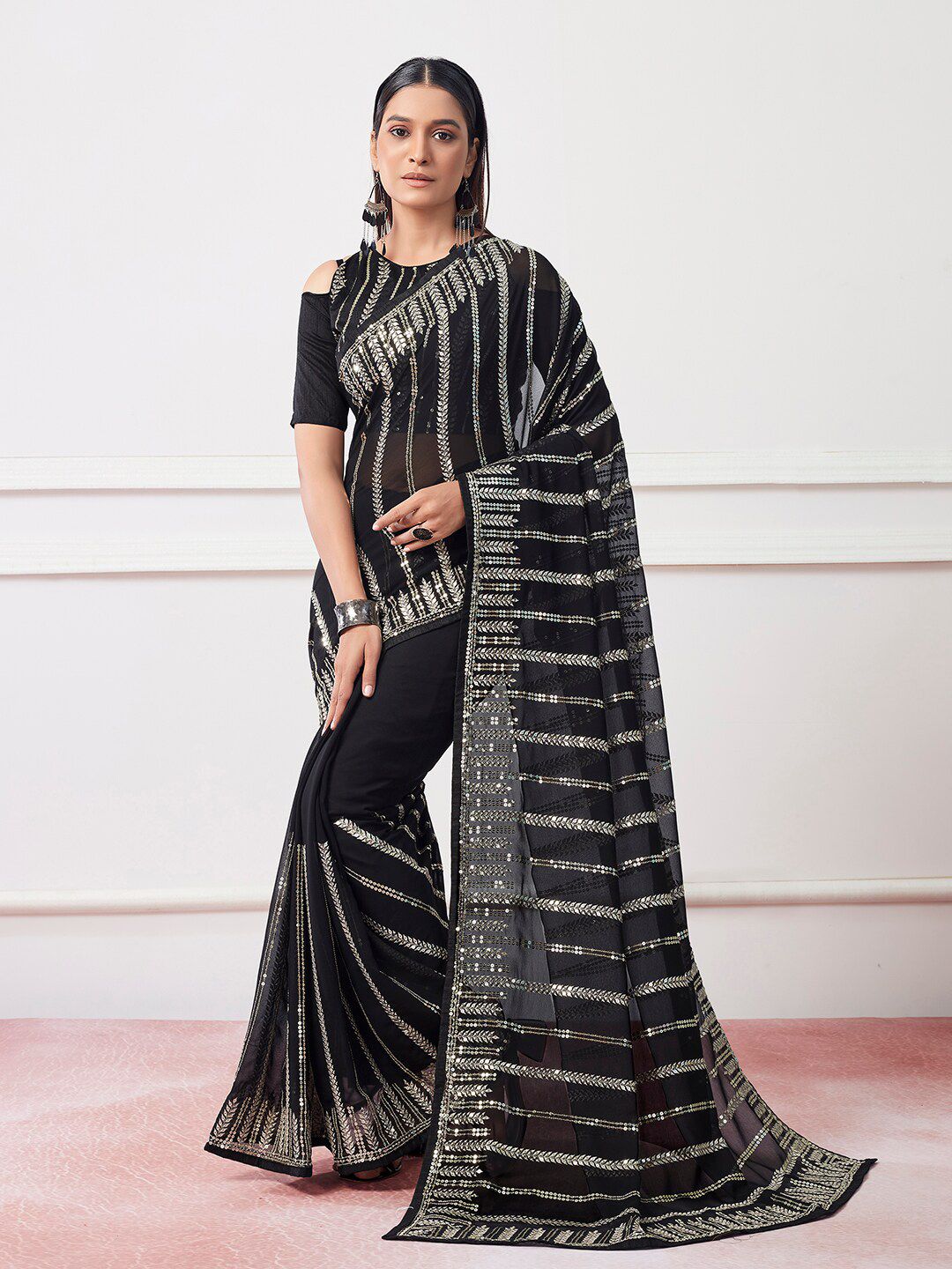 Mitera Black Embellished Sequinned Pure Georgette Designer Saree Price in India