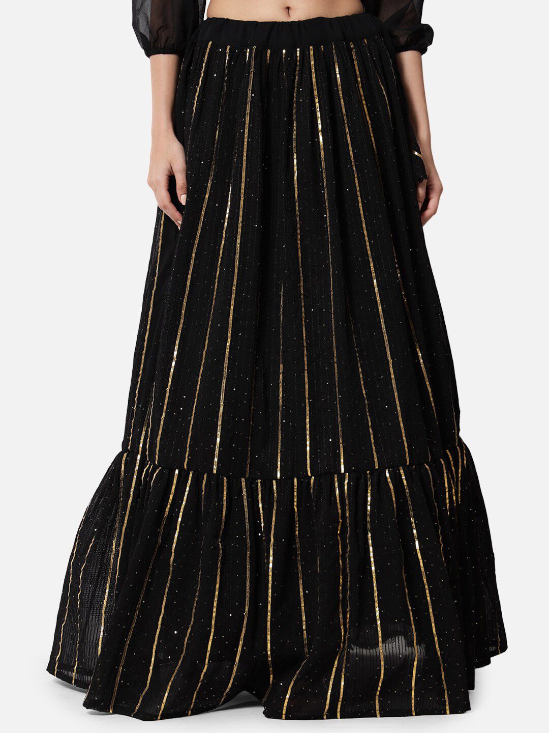 studio rasa Striped Embellished Detailed Flared Maxi Ethnic Skirt With Can-Can