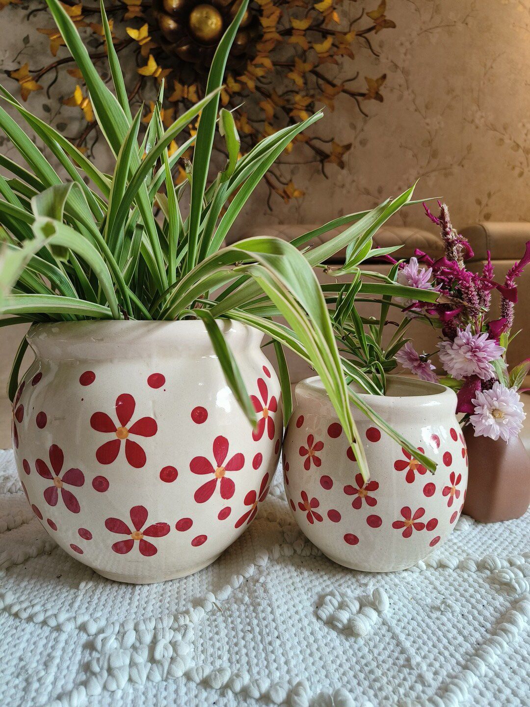 NIYARA White & Red 2 Pieces Floral Printed Ceramic Planters