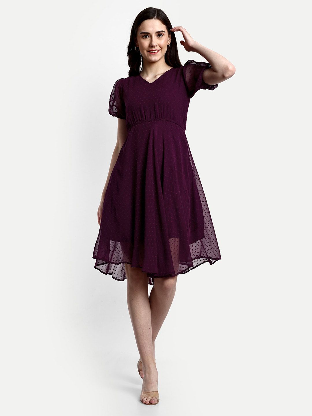 FERY LONDON Burgundy Georgette Fit & Flare Dress Price in India