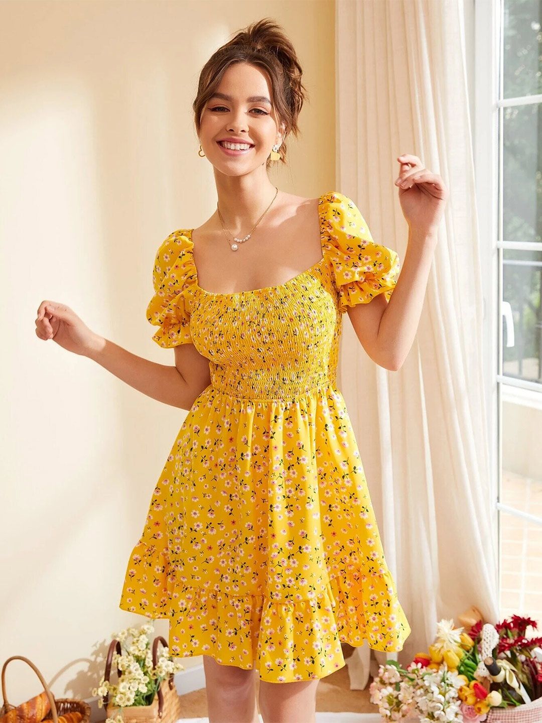 FERY LONDON Yellow Floral Print Puff Sleeve Fit & Flare Mini Dress Price in India