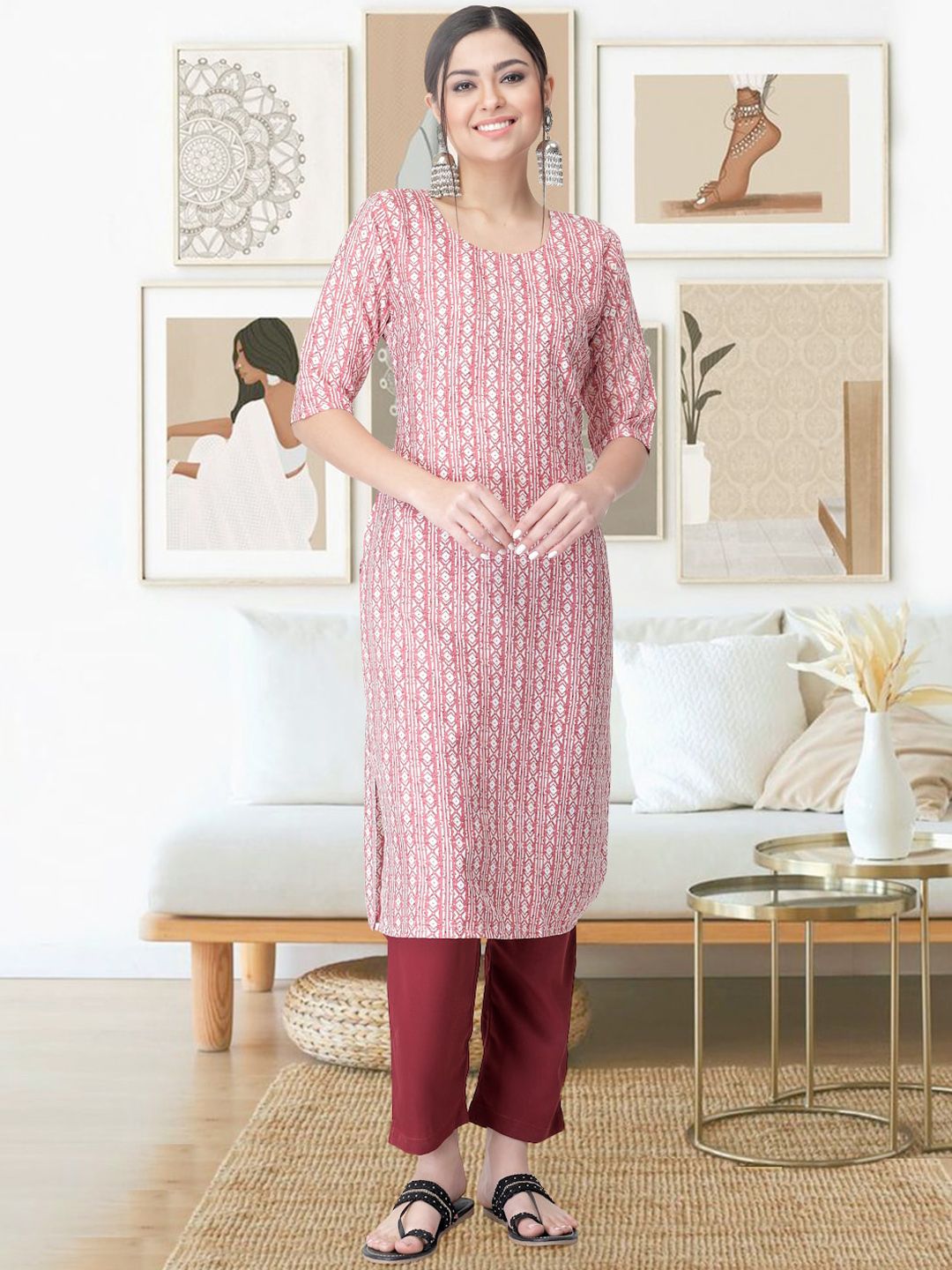 arangya Women Pink Printed Regular Kurta with Trousers