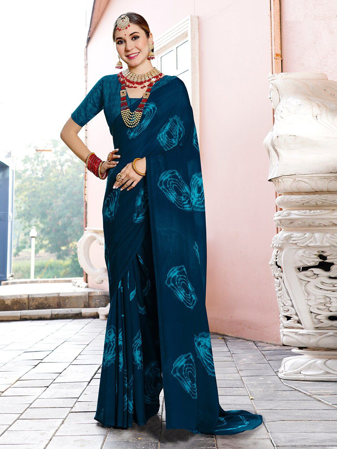 Anouk Teal Poly Georgette Ready to Wear Saree Price in India