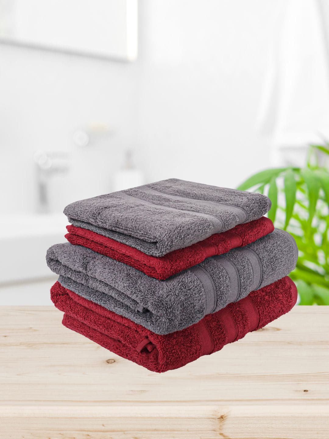 eurospa Grey & Red 4 Pieces Terry Cotton 500 GSM Towels