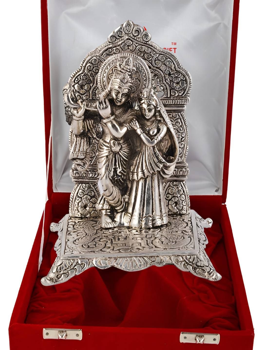 INTERNATIONAL GIFT Silver Brass Radha Krishna Idol With Velvet Box Home Gift Set