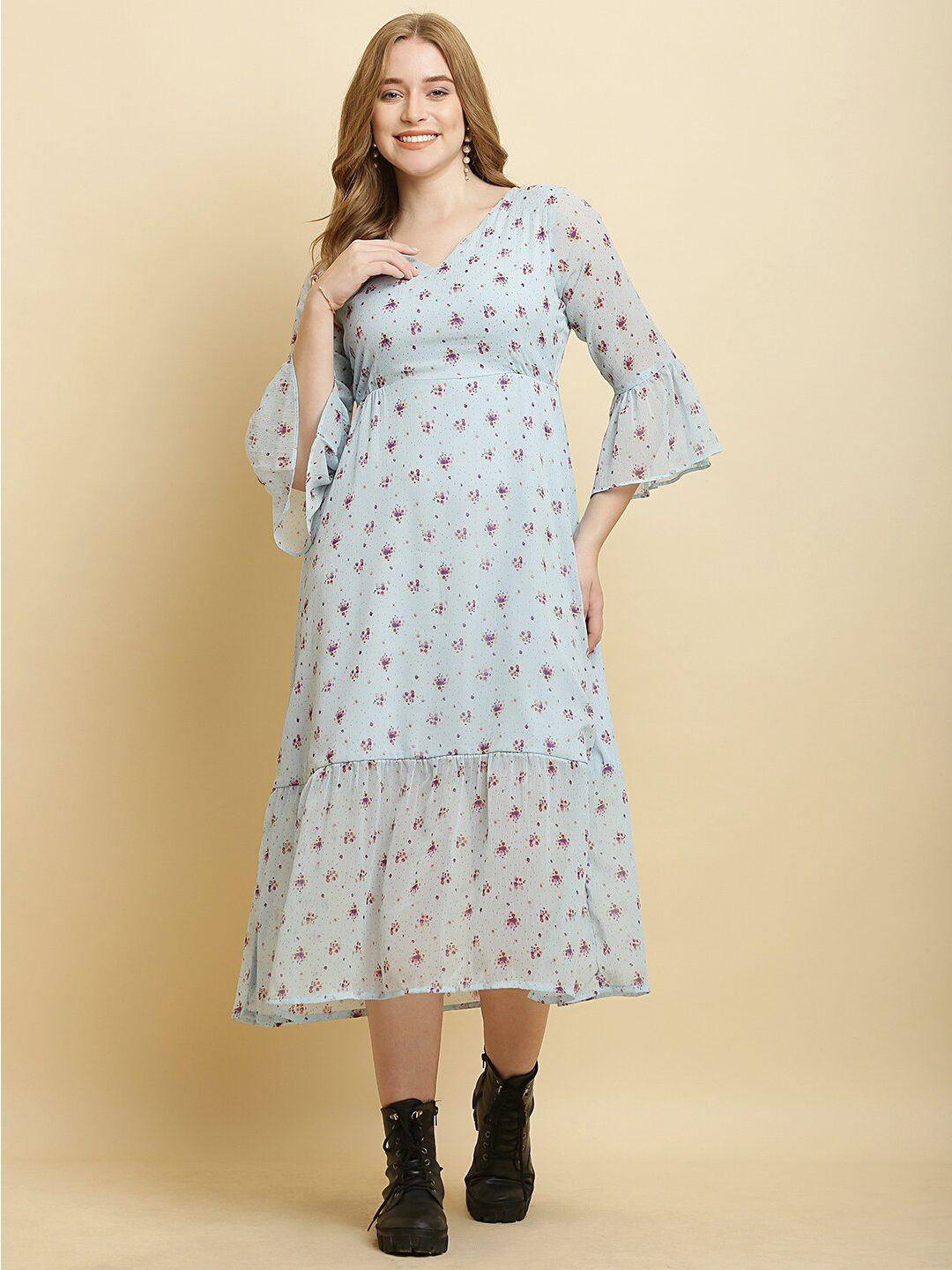 HERE&NOW Blue Floral Printed Flared Sleeve Chiffon Empire Midi Dress Price in India